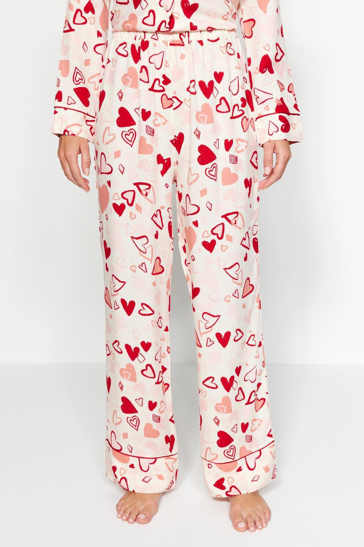 Multicolored Heart Pile Detailed Viscose Shirt-Pants Woven Pajamas Set THMAW24PT00091., 2 pcs, C101_1704, large image number 4