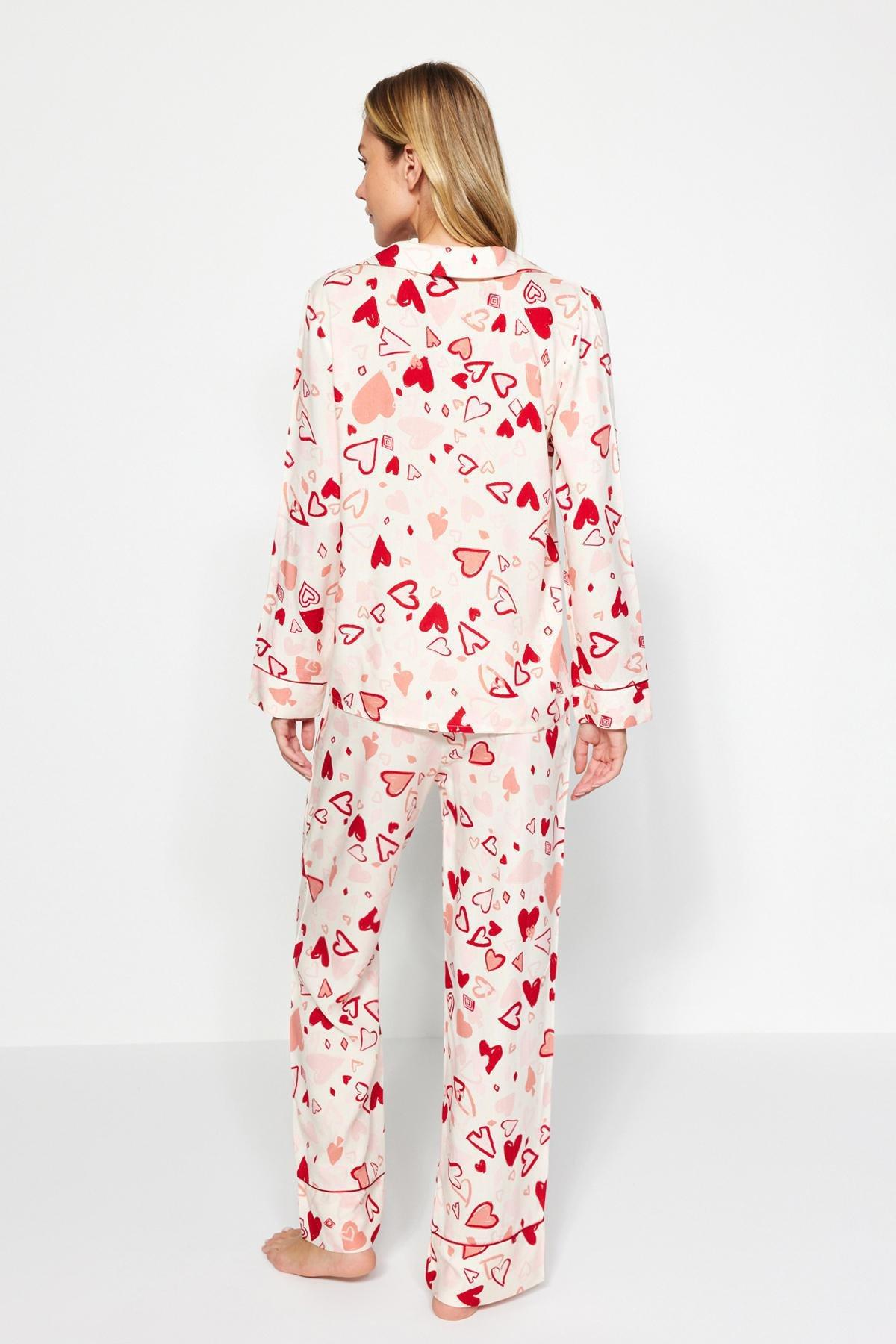 Multicolored Heart Pile Detailed Viscose Shirt-Pants Woven Pajamas Set THMAW24PT00091., 2 pcs, C101_1704, large image number 6