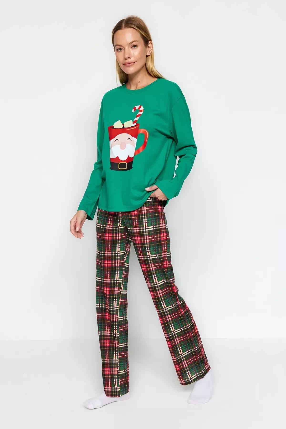 Green Cotton Christmas Theme Knitted Pyjamas Set, , large image number 0