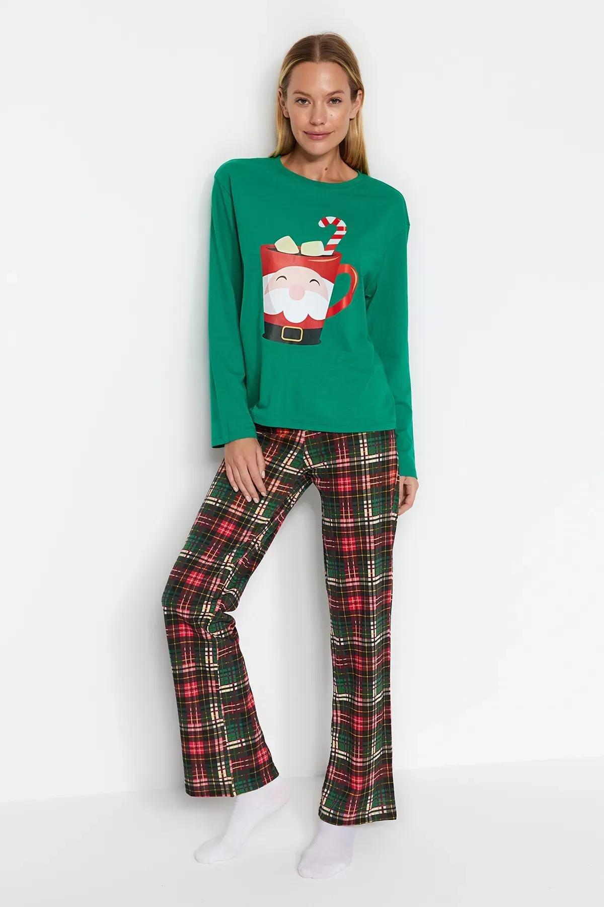 Green Cotton Christmas Theme Knitted Pyjamas Set, , large image number 1