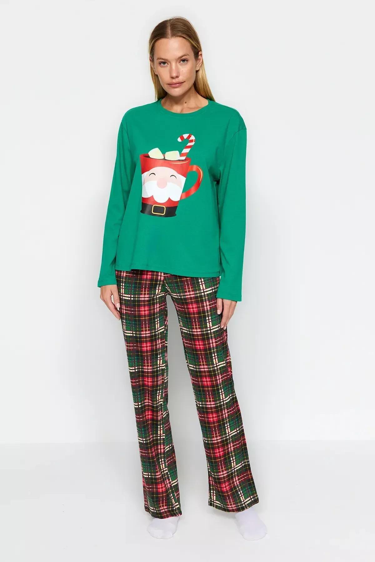 Green Cotton Christmas Theme Knitted Pyjamas Set, , large image number 2