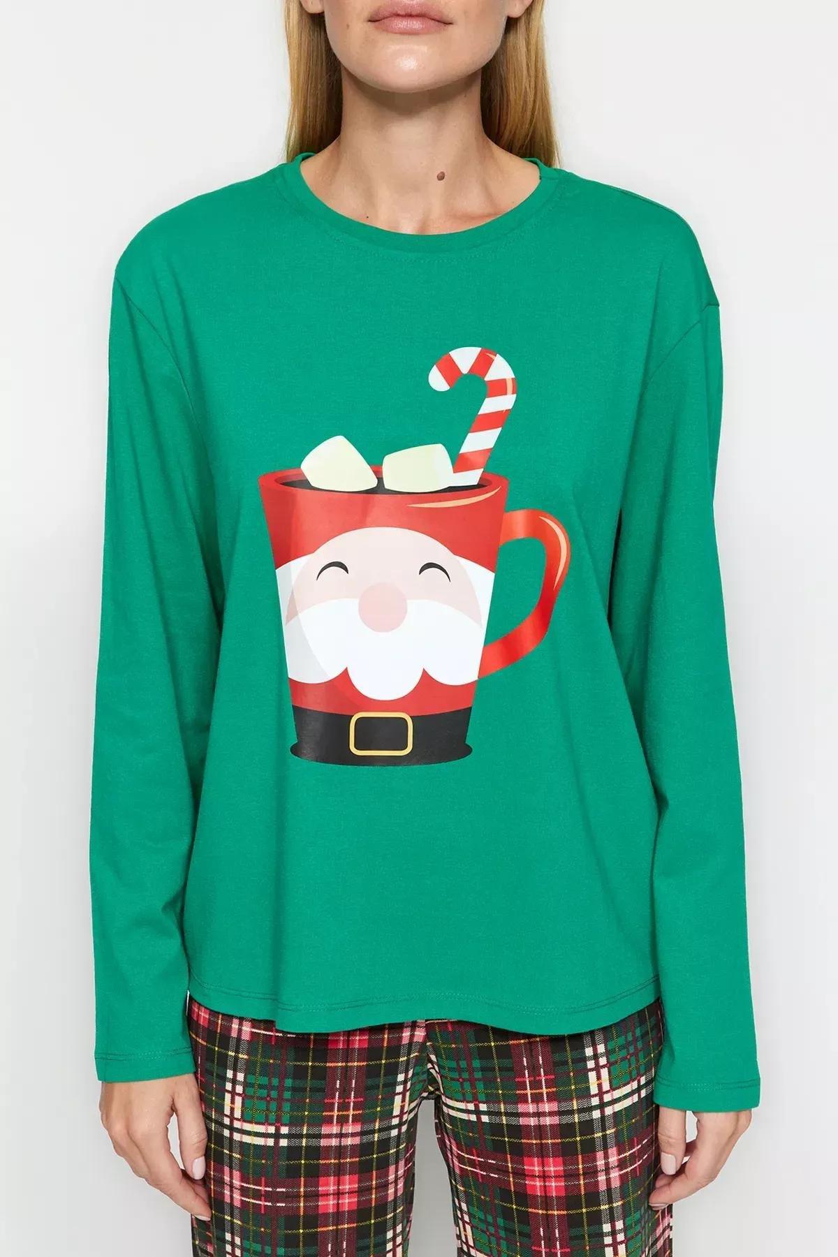 Green Cotton Christmas Theme Knitted Pyjamas Set, , large image number 3
