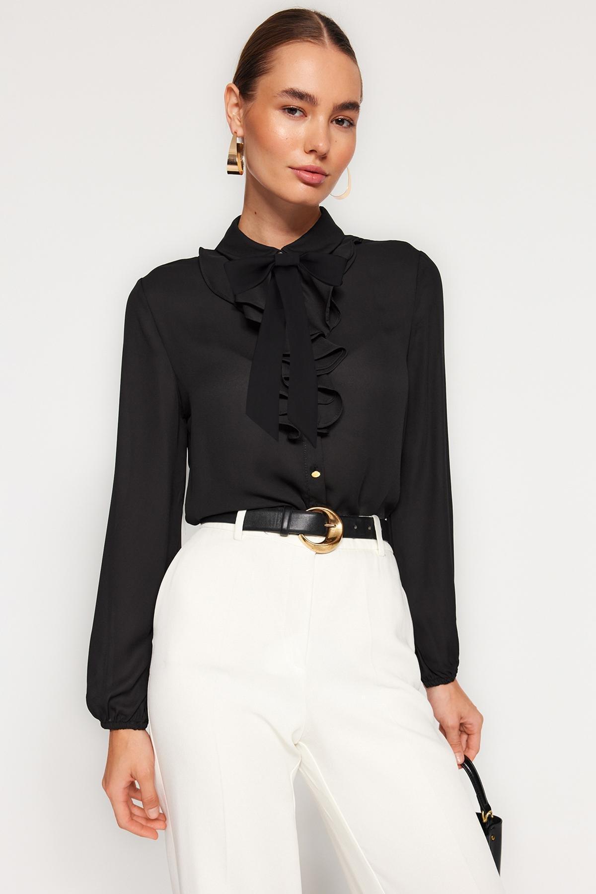 Black Detachable Bow Woven Shirt, , large image number 0
