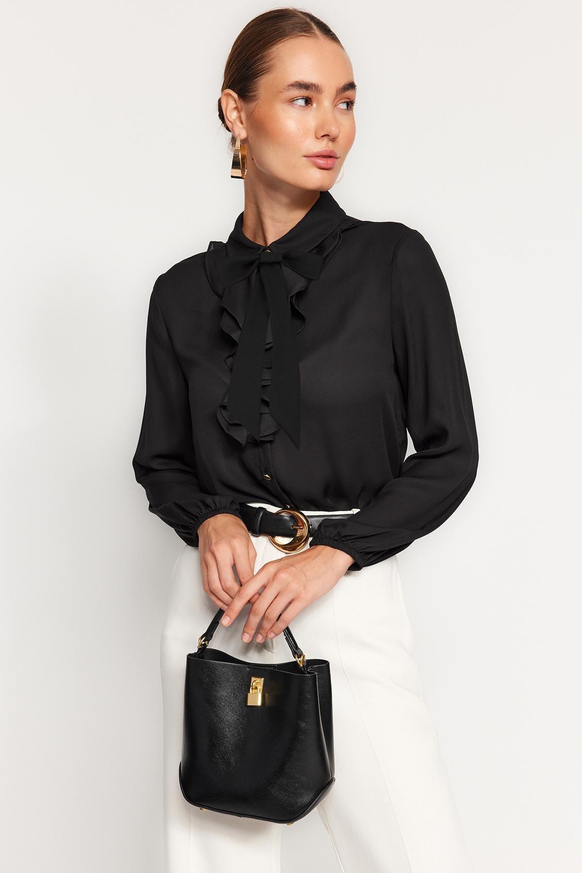 Black Detachable Bow Woven Shirt, , large image number 1