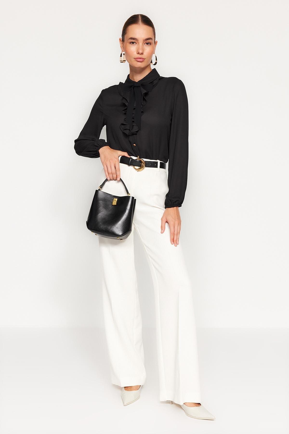 Black Detachable Bow Woven Shirt, , large image number 2