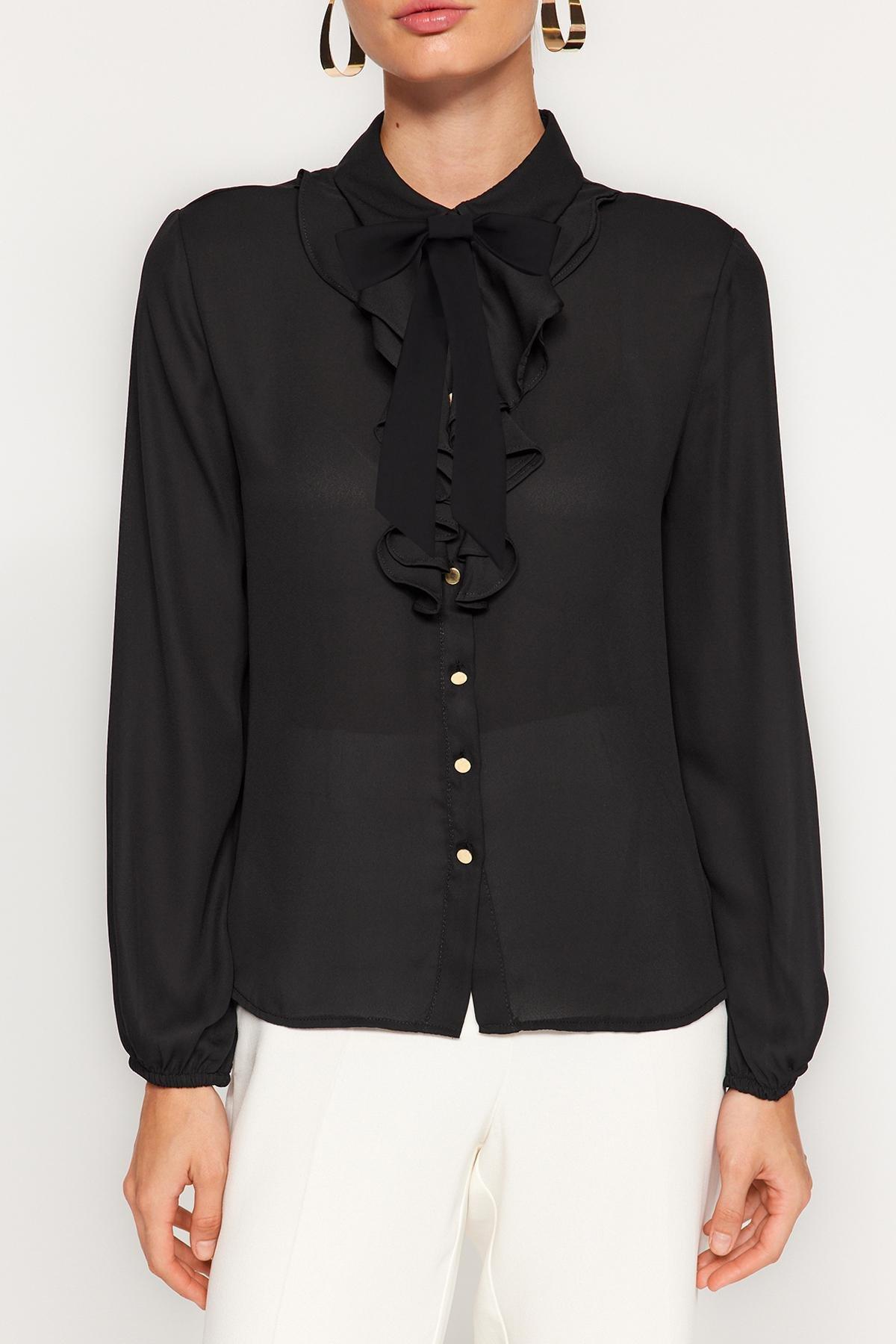 Black Detachable Bow Woven Shirt, , large image number 3