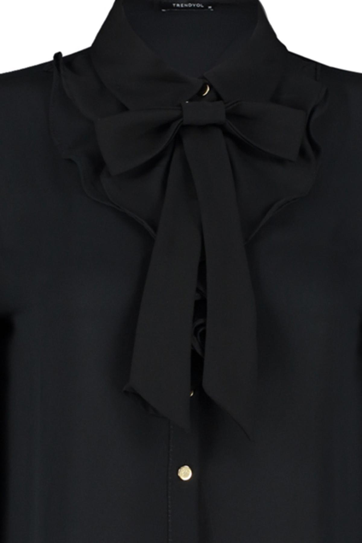 Black Detachable Bow Woven Shirt, , large image number 5