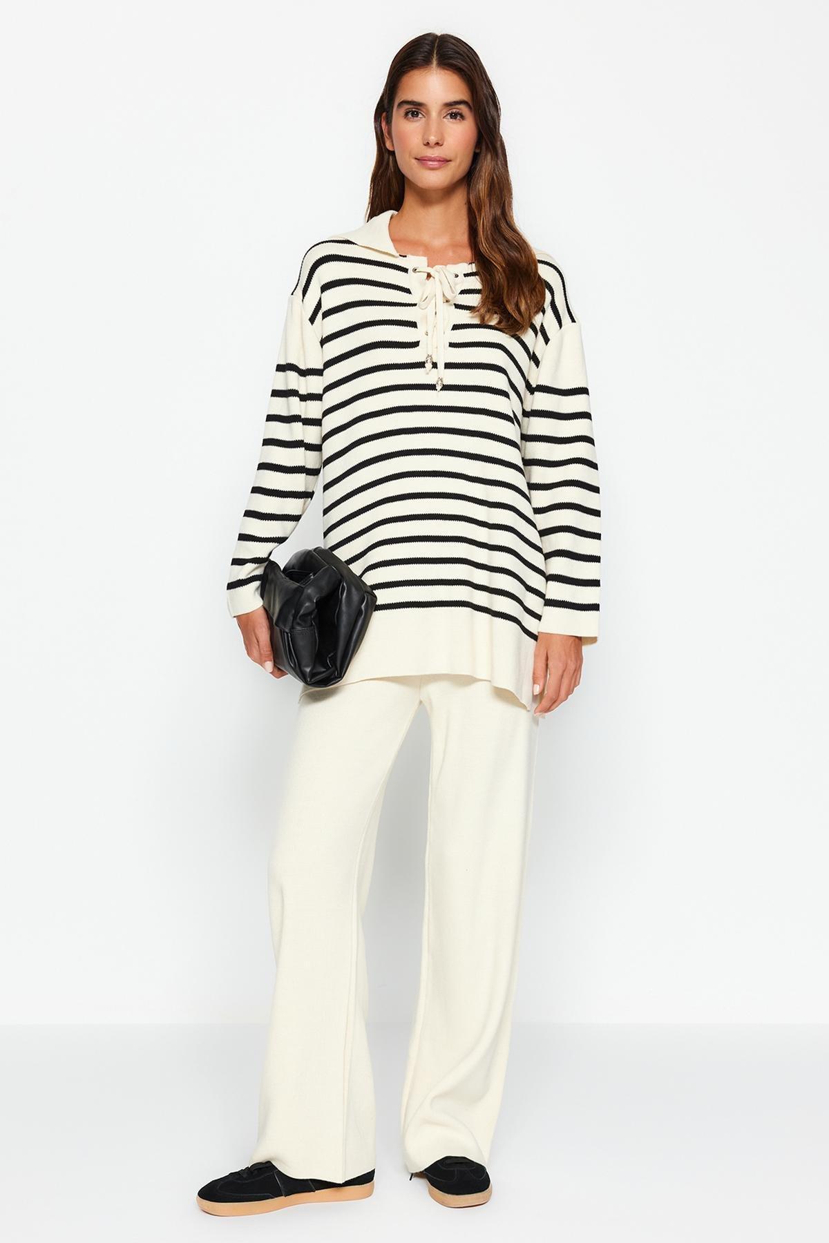 Beige Striped Collar Co-Ord Set, , large image number 0