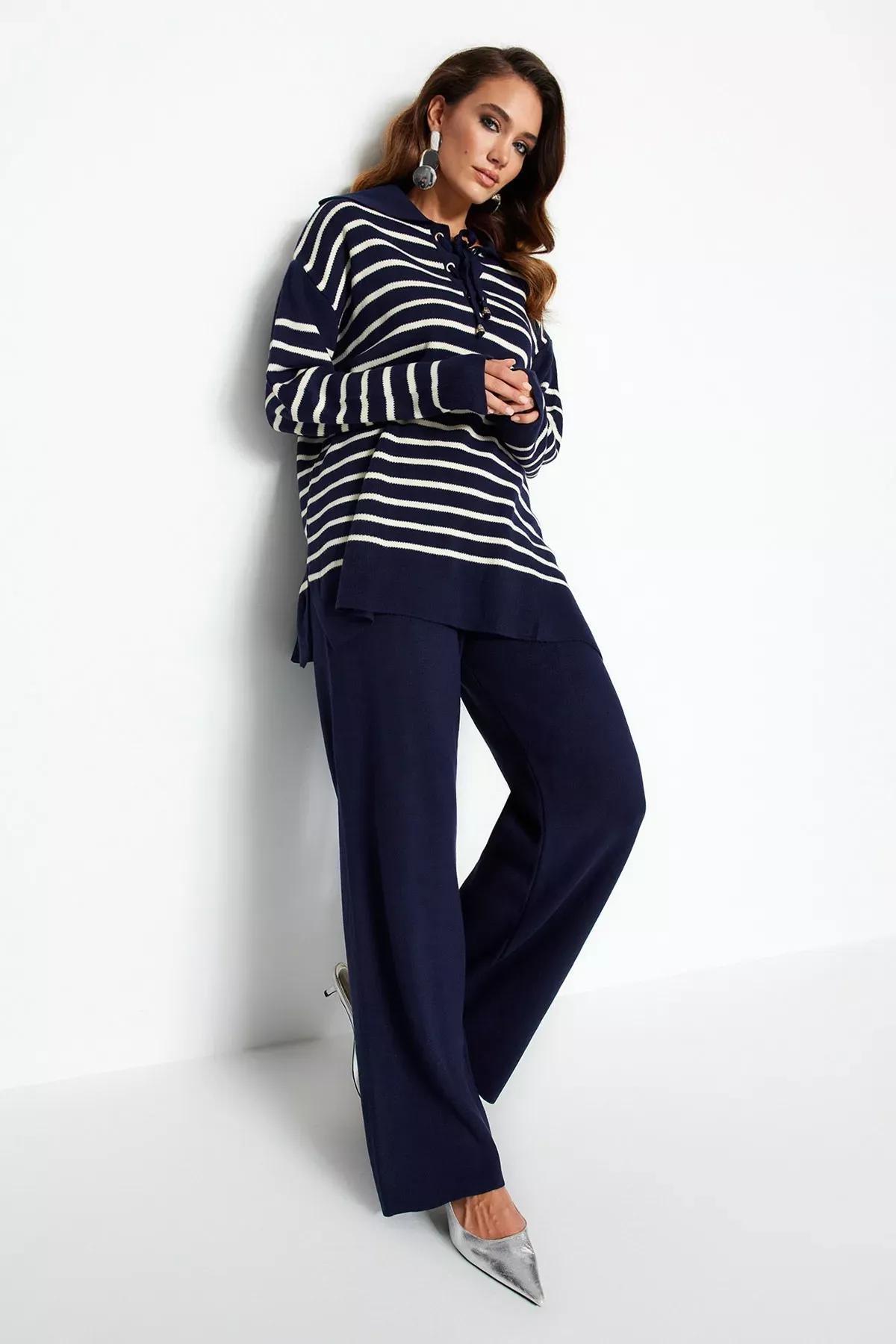 Navy Striped Knitwear Co-Ord Set, Navy blue, medium