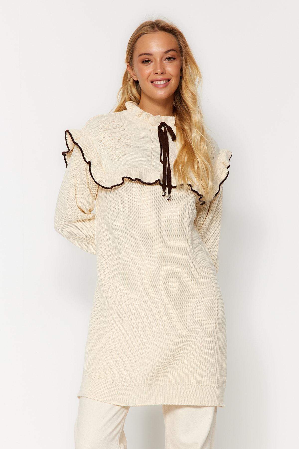 Cream Black Piping Knitted Sweater, , large image number 1