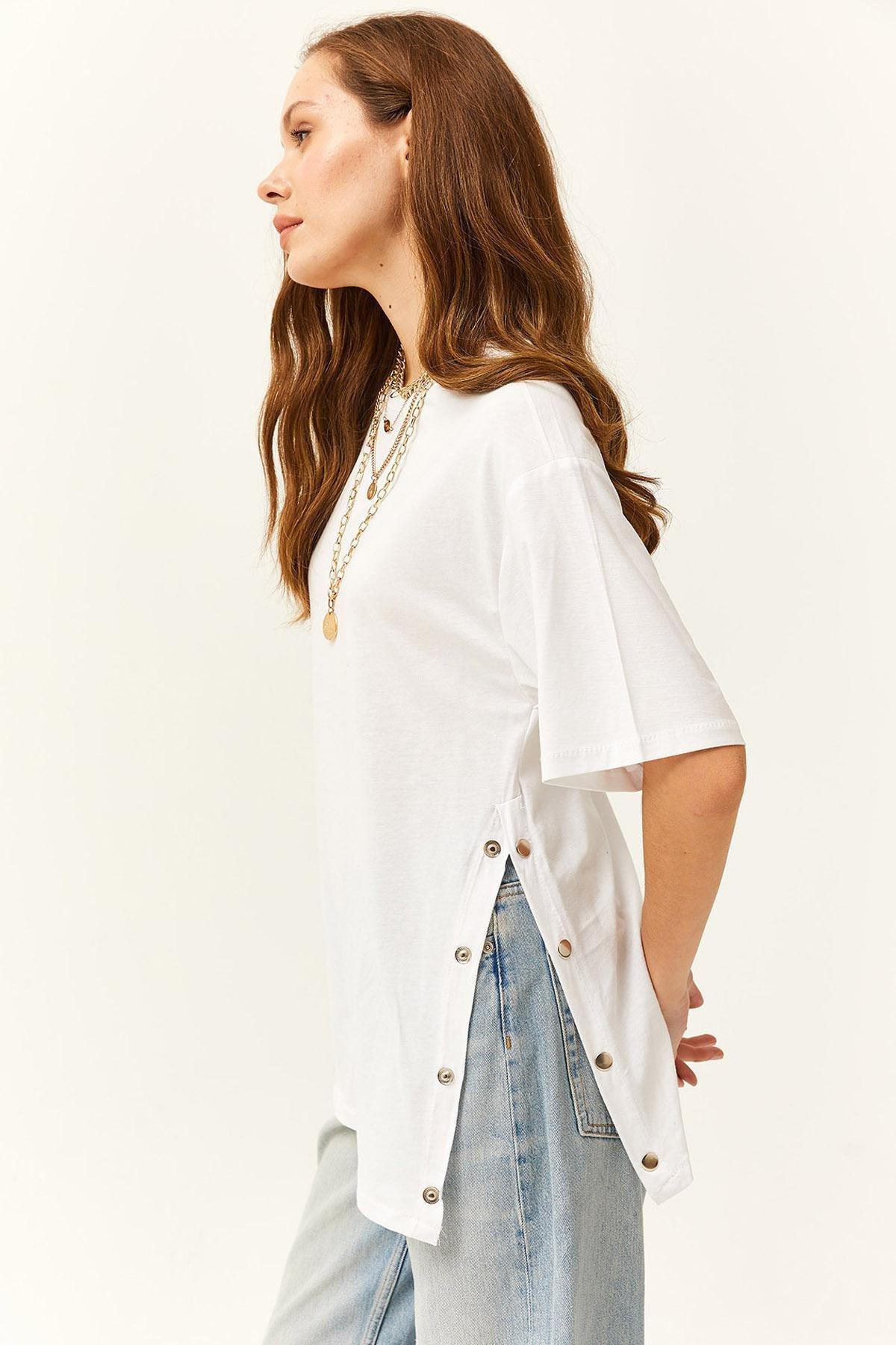 White Gold Buttons Cotton T-Shirt, , medium