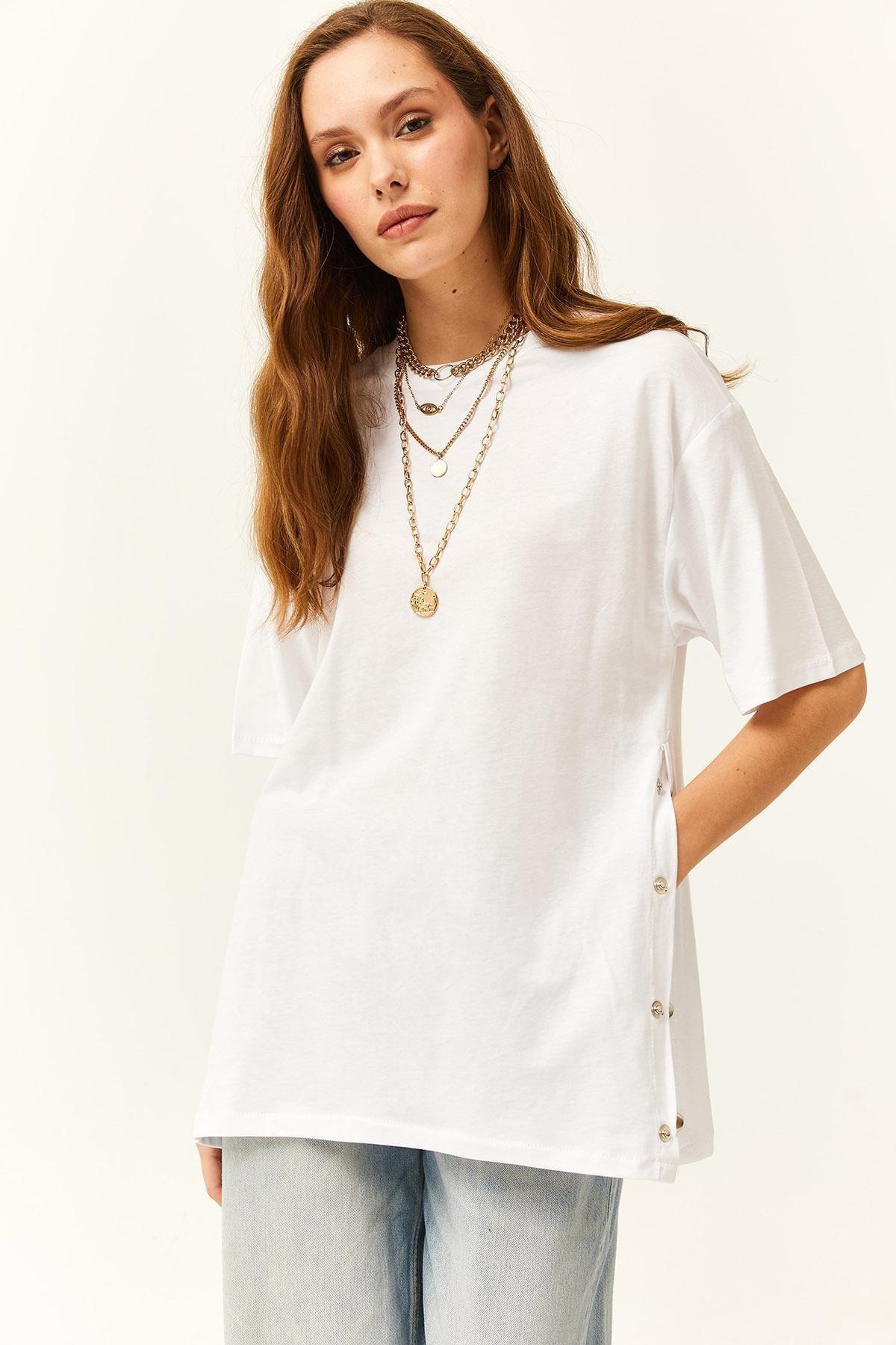 White Gold Buttons Cotton T-Shirt, , large image number 2