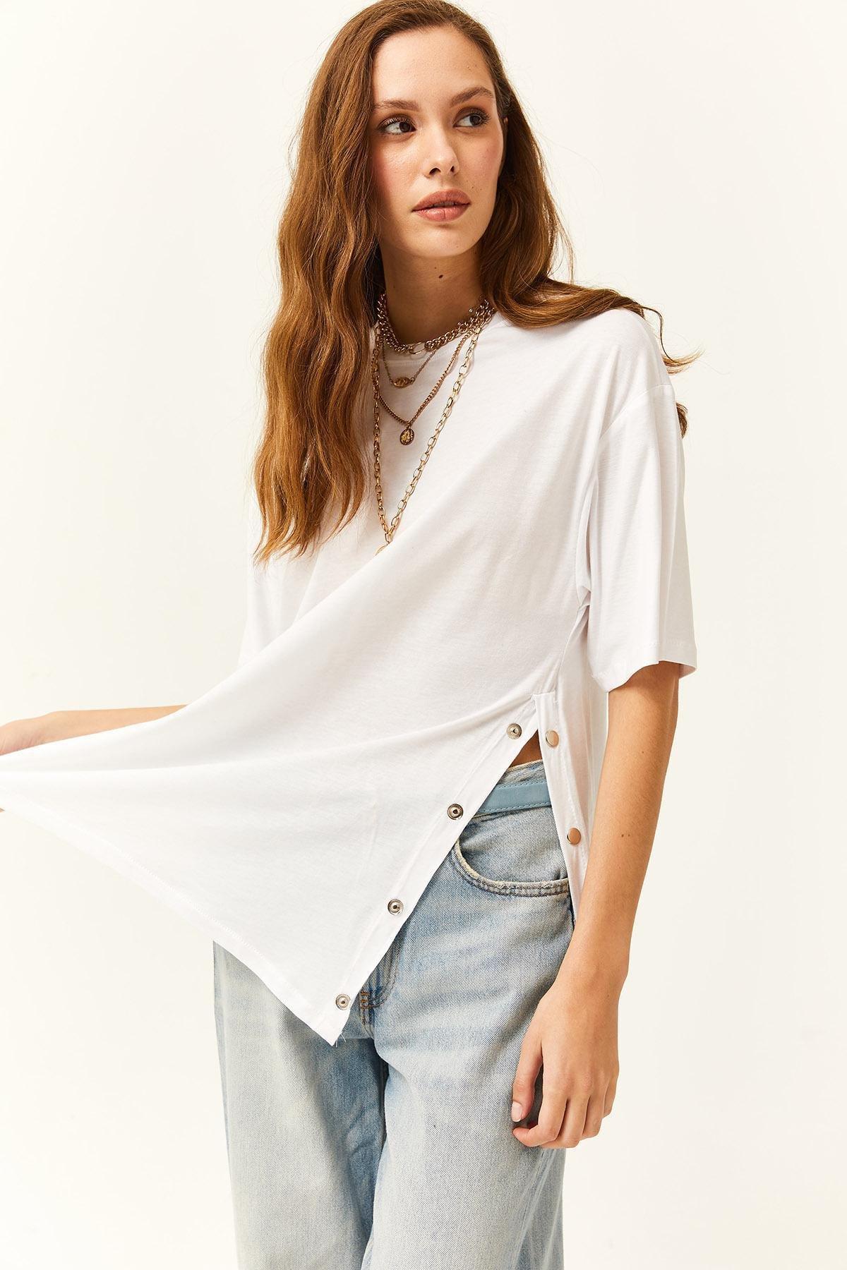 White Gold Buttons Cotton T-Shirt, , large image number 3
