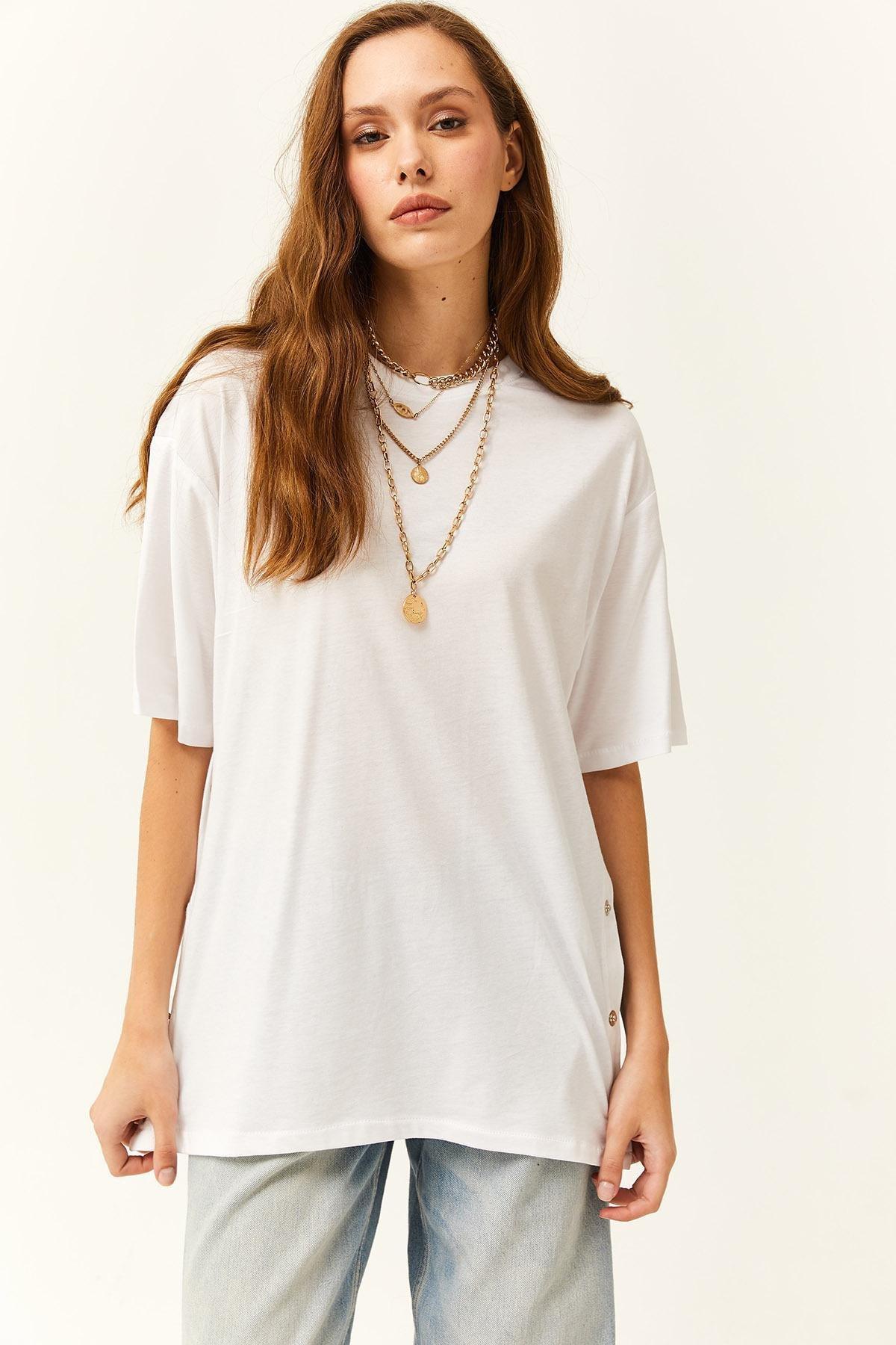 تيشيرت قطن بأزرار ذهبية، أبيض, White, large image number 4
