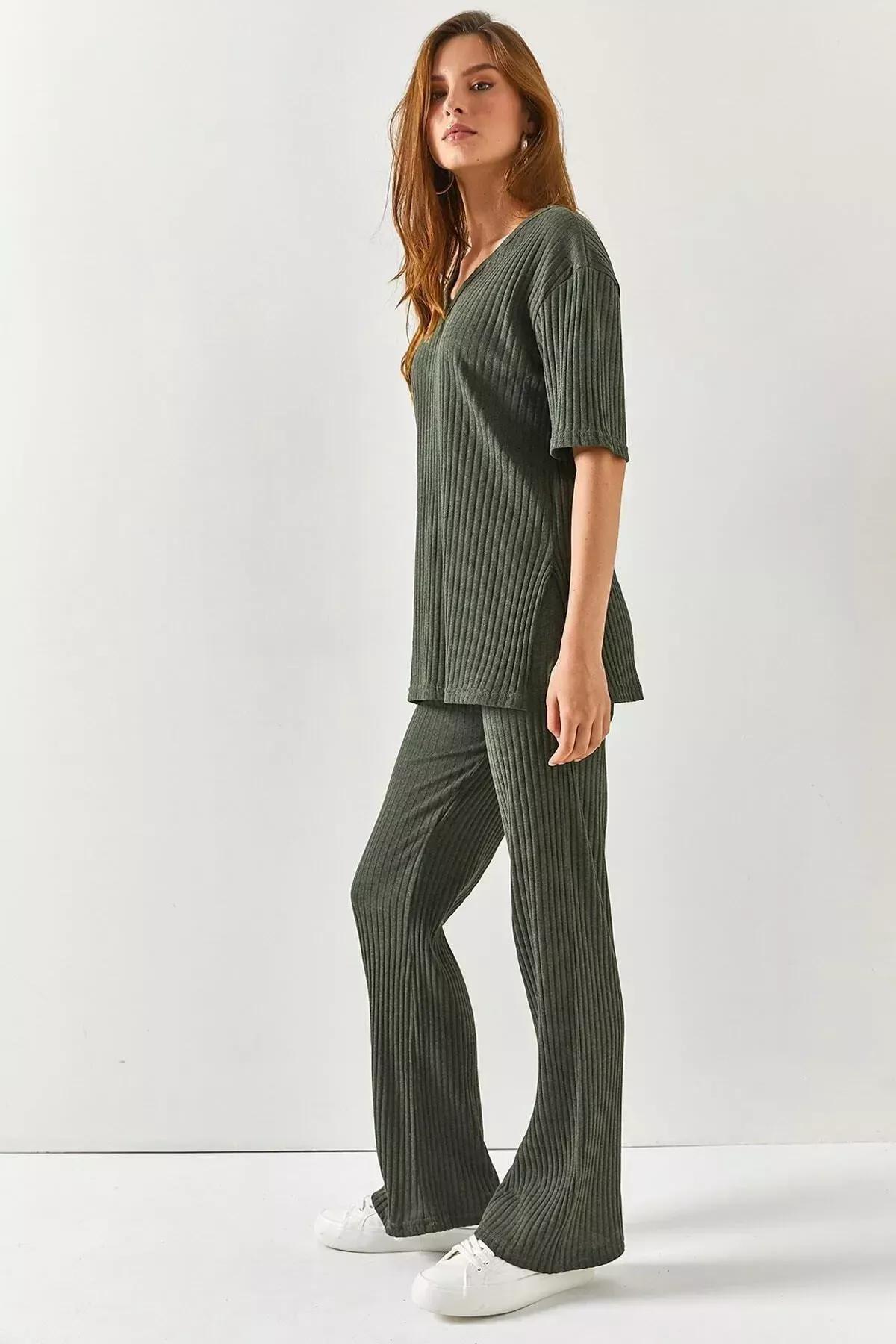 Green V-Neck Palazzo Corduroy Suit, Khaki, large image number 0
