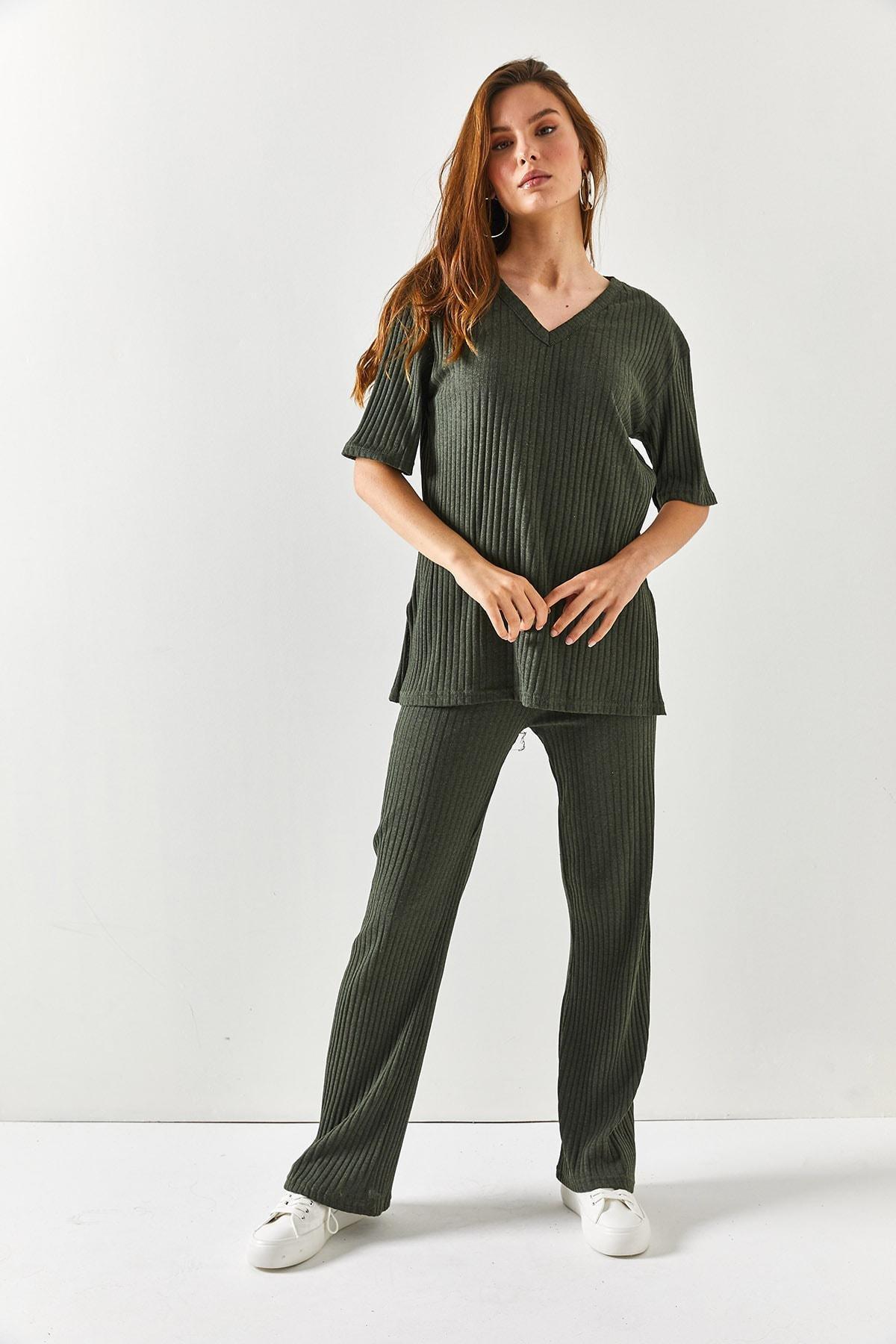 Womens Khaki Top V-neck Lower Palazzo Corduroy Suit TKM-19000212, single, , large image number 0
