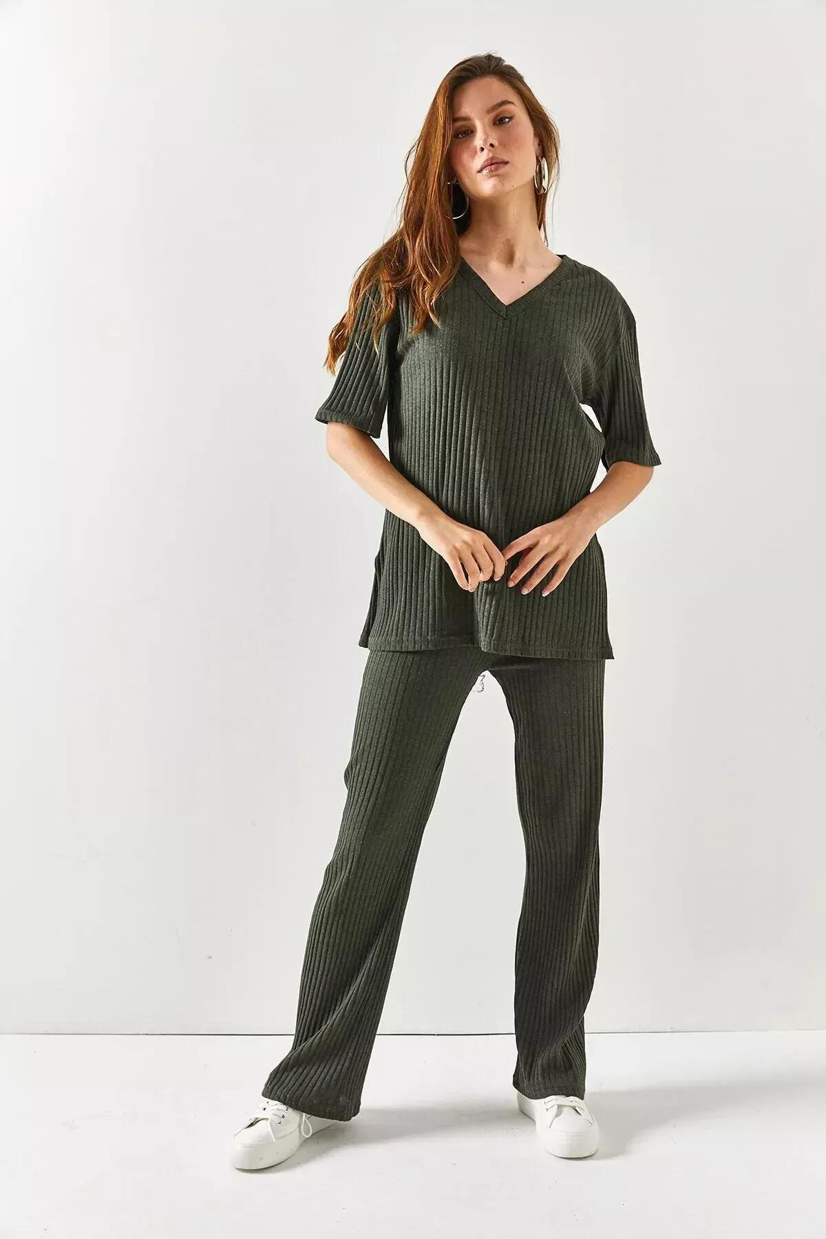 Green V-Neck Palazzo Corduroy Suit, Khaki, large image number 1