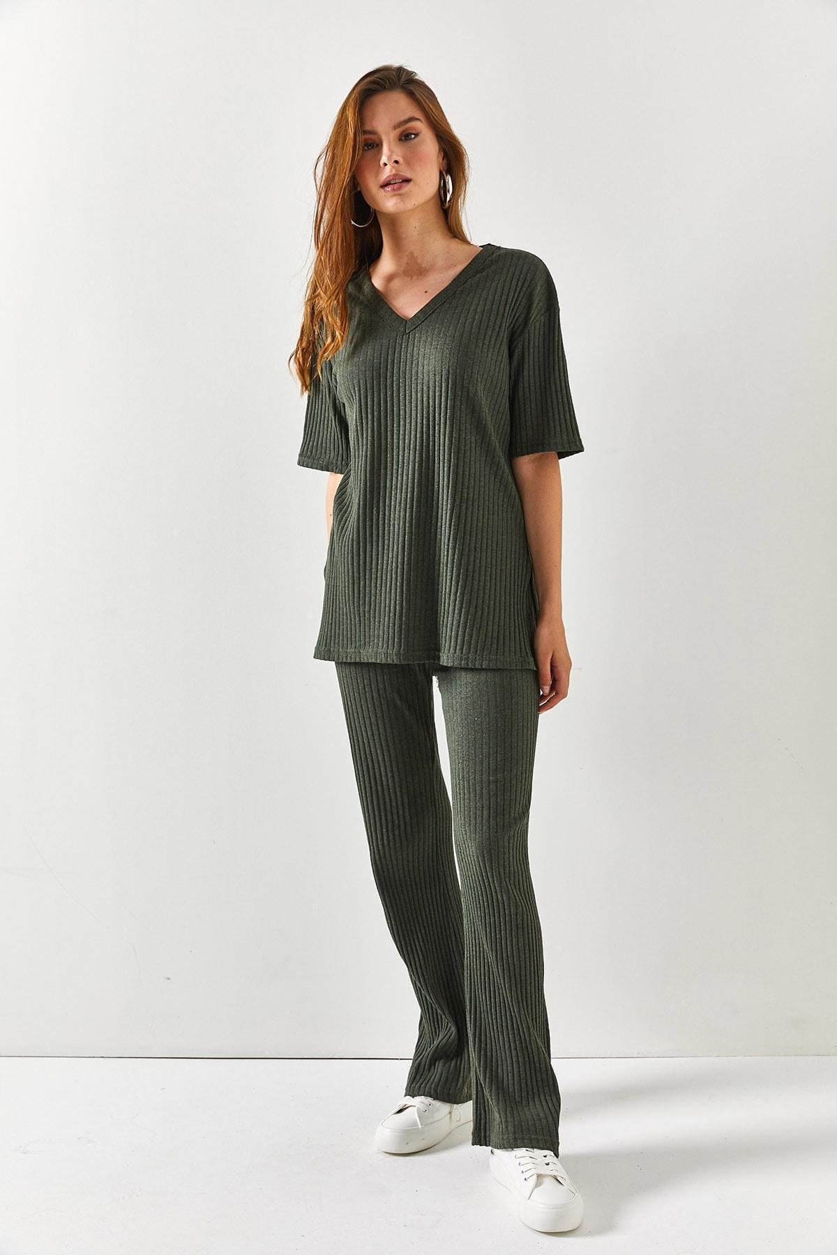 Womens Khaki Top V-neck Lower Palazzo Corduroy Suit TKM-19000212, single, , large image number 1