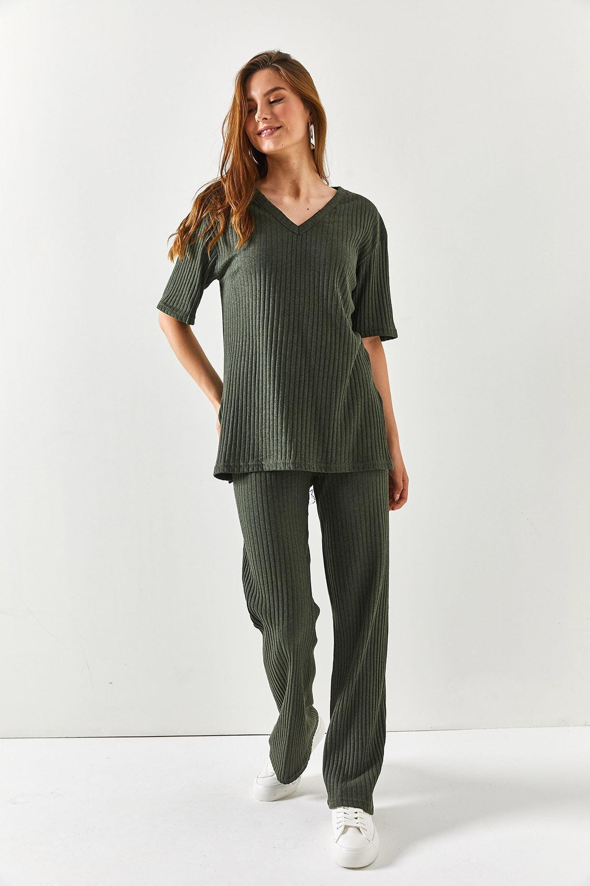 Womens Khaki Top V-neck Lower Palazzo Corduroy Suit TKM-19000212, single, , large image number 2