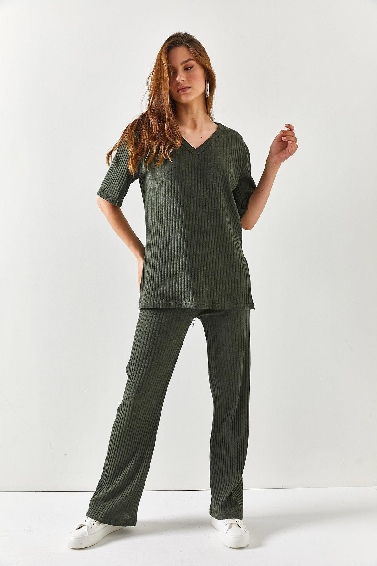 Womens Khaki Top V-neck Lower Palazzo Corduroy Suit TKM-19000212, single, , large image number 3