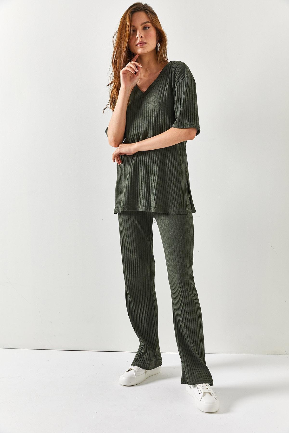 Womens Khaki Top V-neck Lower Palazzo Corduroy Suit TKM-19000212, single, , large image number 4