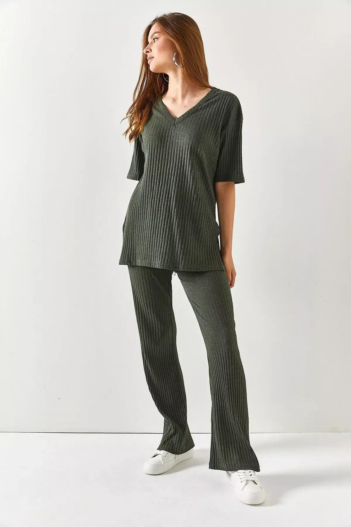 Green V-Neck Palazzo Corduroy Suit, Khaki, large image number 5