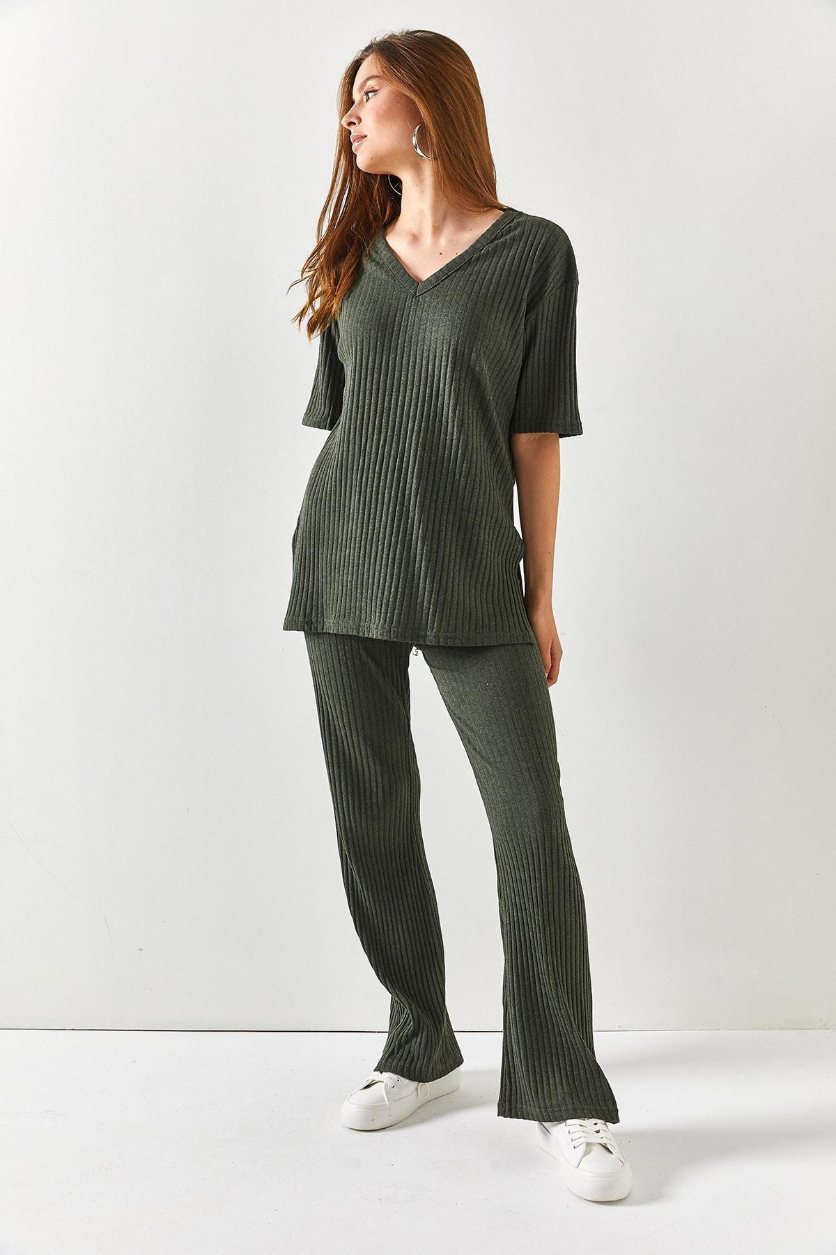 Womens Khaki Top V-neck Lower Palazzo Corduroy Suit TKM-19000212, single, , large image number 5
