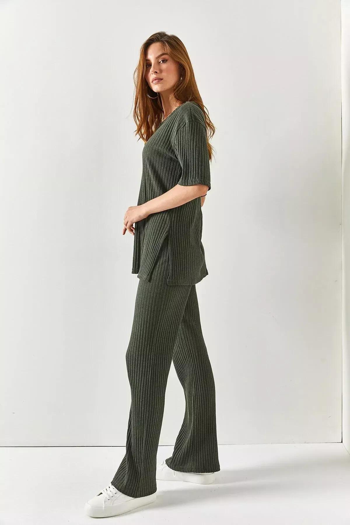 Green V-Neck Palazzo Corduroy Suit, Khaki, large image number 6