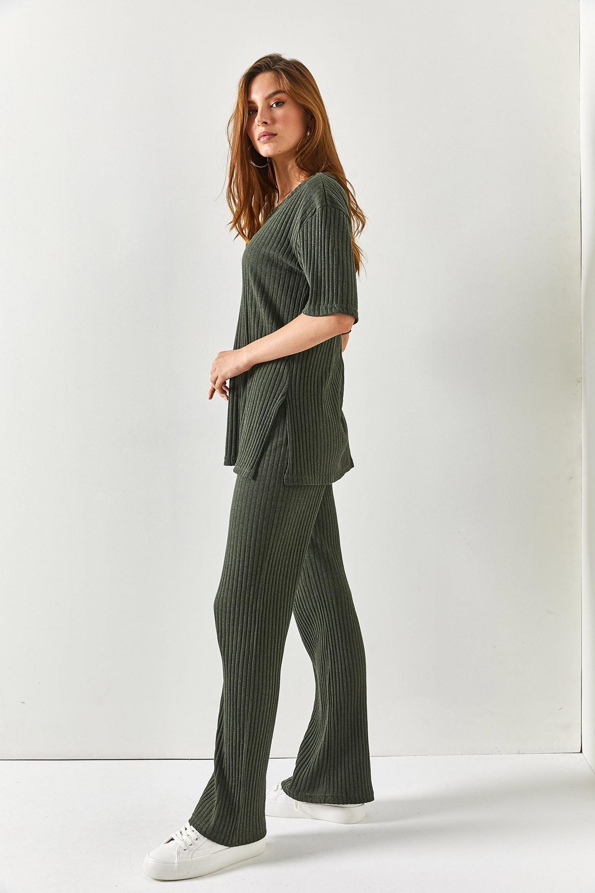 Womens Khaki Top V-neck Lower Palazzo Corduroy Suit TKM-19000212, single, , large image number 6