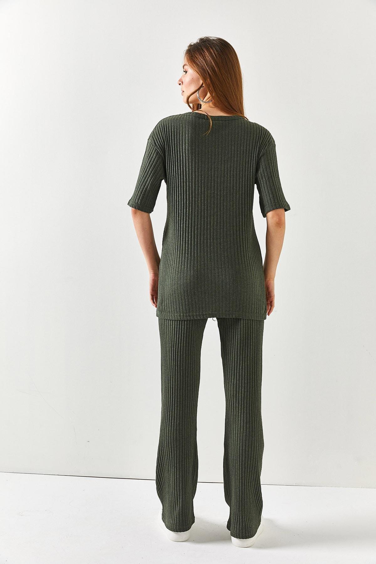 Green V-Neck Palazzo Corduroy Suit, Khaki, large image number 7