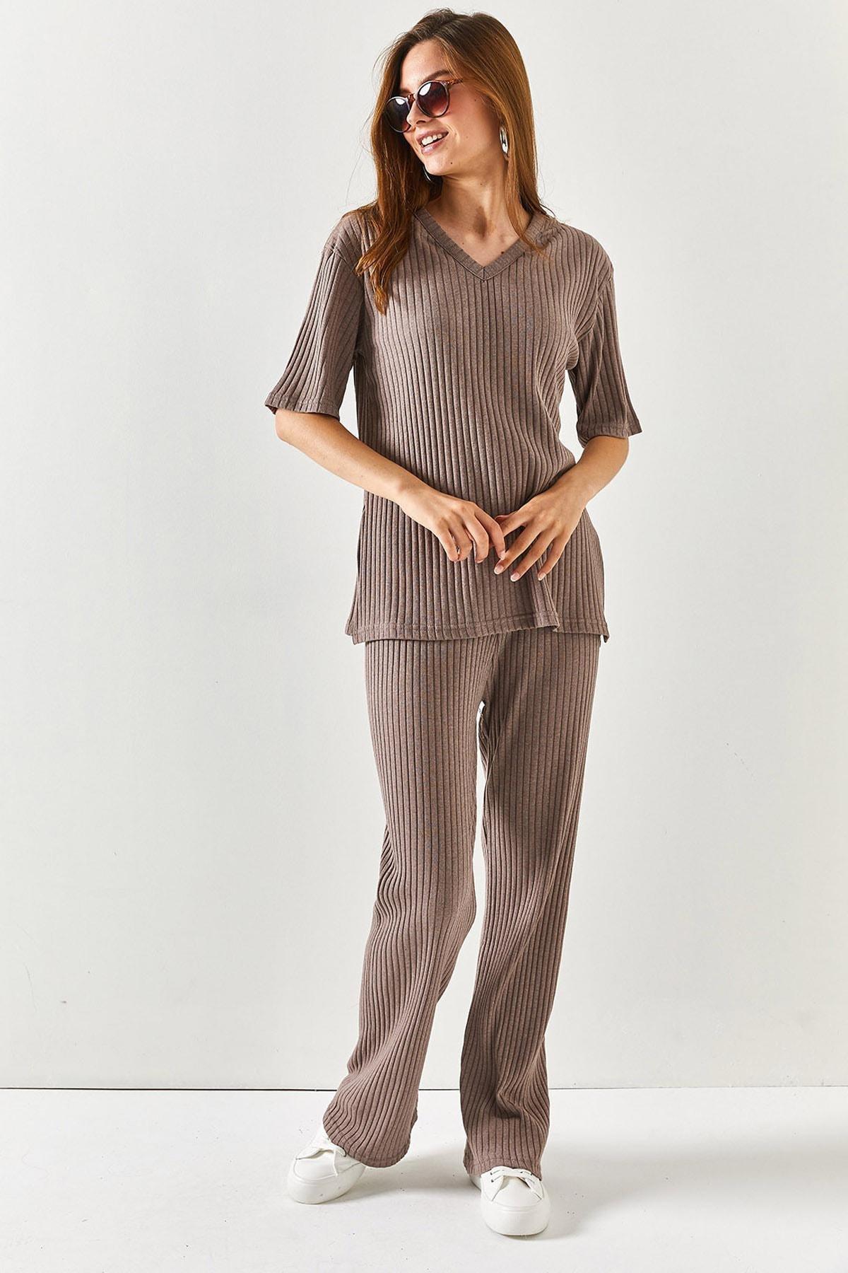 Brown V-Neck Co-Ord Set, , medium