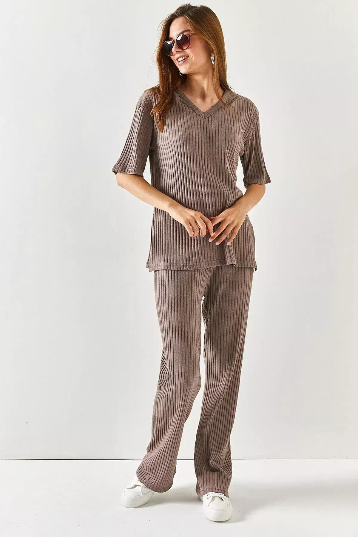 Brown V-Neck Co-Ord Set, Mink, medium