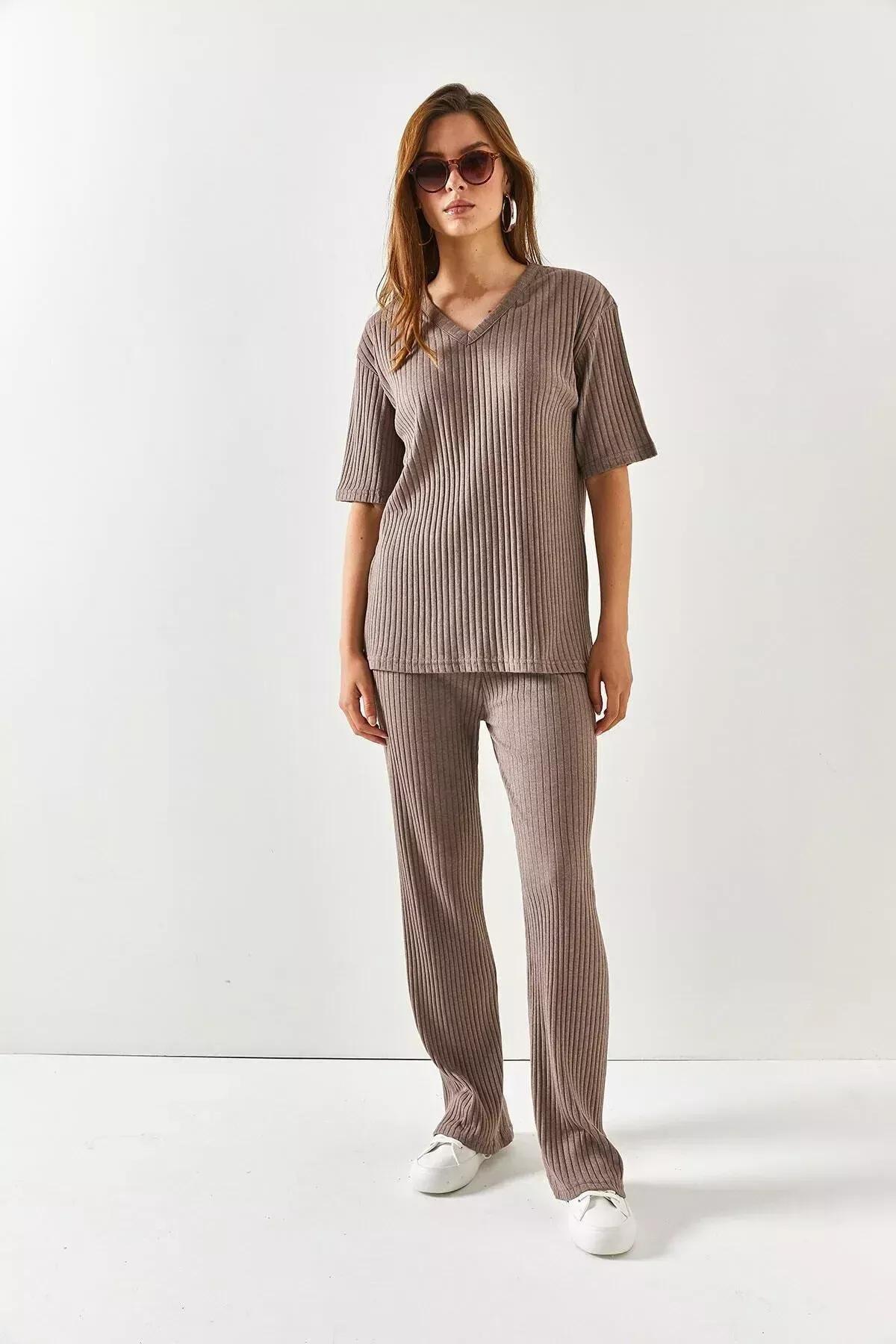 Brown V-Neck Co-Ord Set, Mink, large image number 1