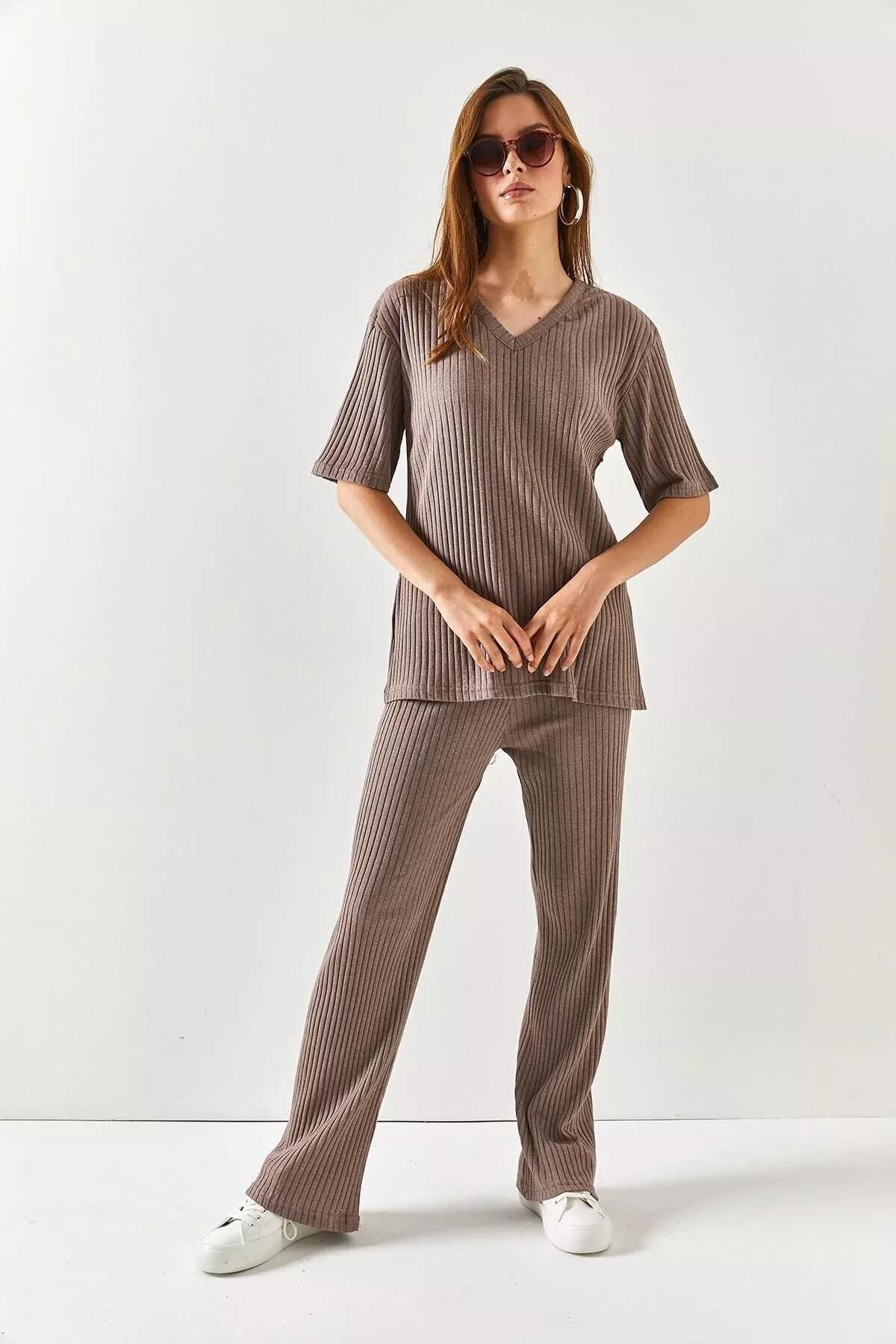 Brown V-Neck Co-Ord Set, Mink, large image number 2