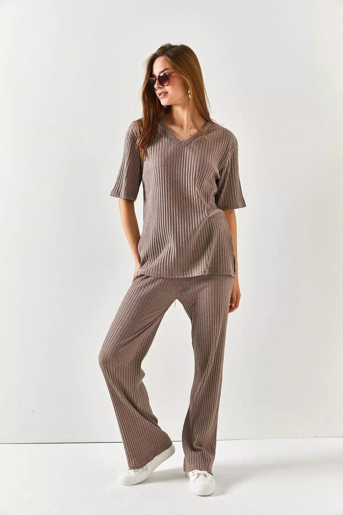 Brown V-Neck Co-Ord Set, Mink, large image number 5
