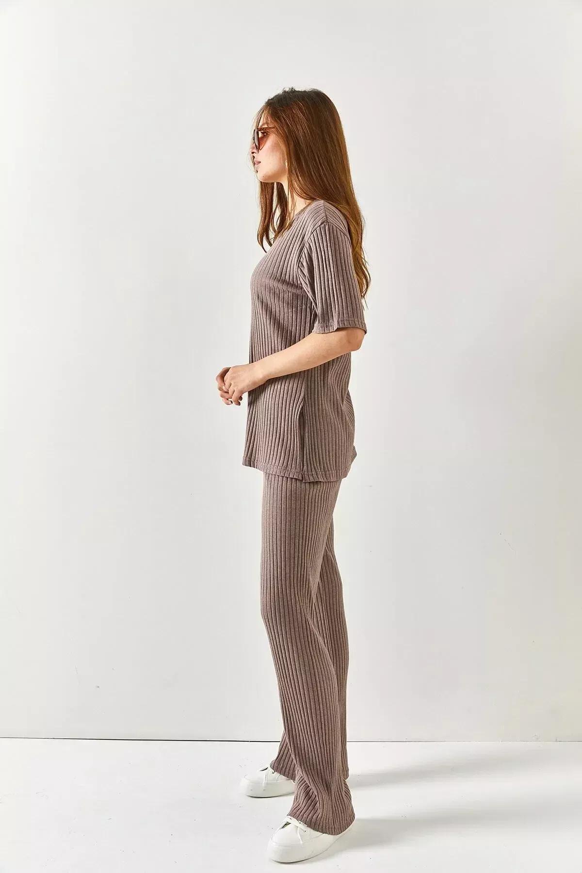 Brown V-Neck Co-Ord Set, Mink, large image number 6
