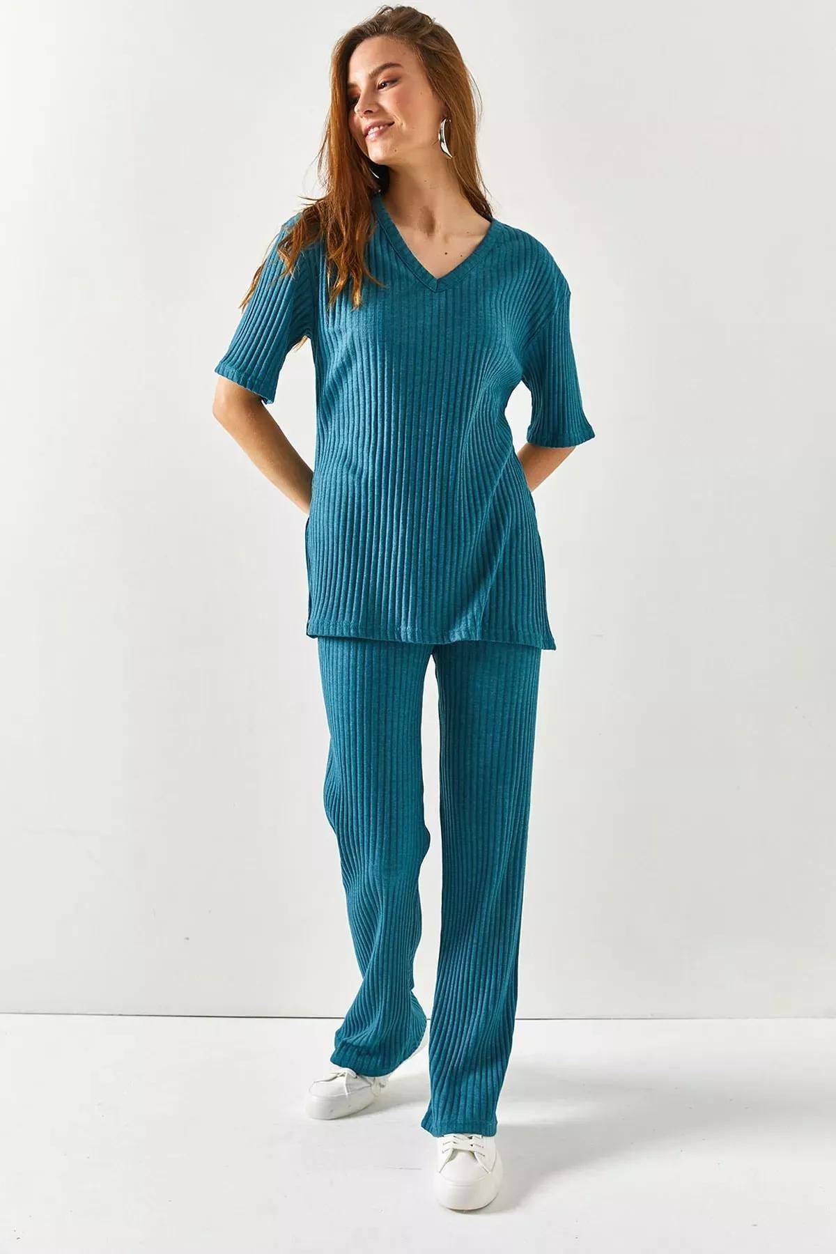 Blue V-Neck Palazzo Suit, , medium