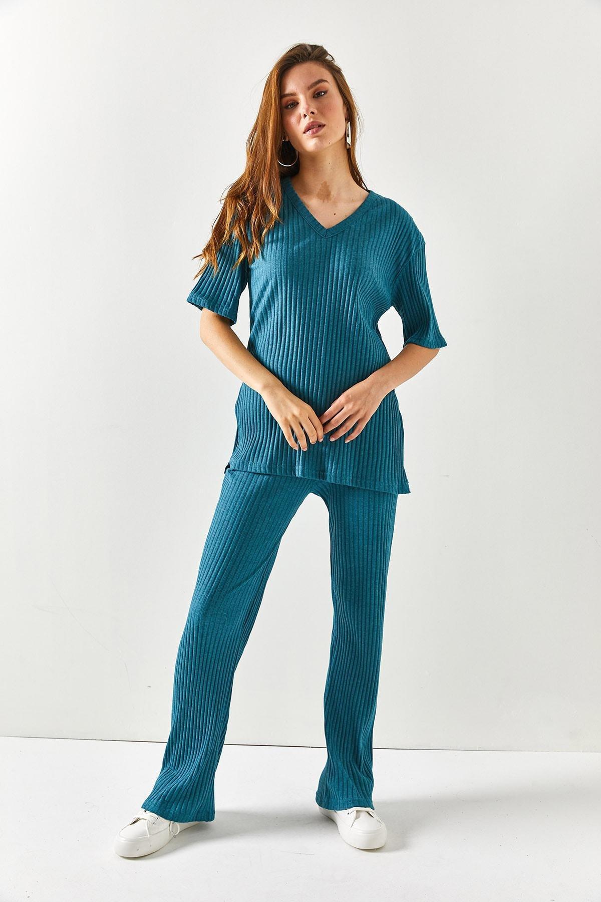 Womens Petrol Blue Top V-neck Bottom Palazzo Corduroy Suit TKM-19000212, single, , large image number 0