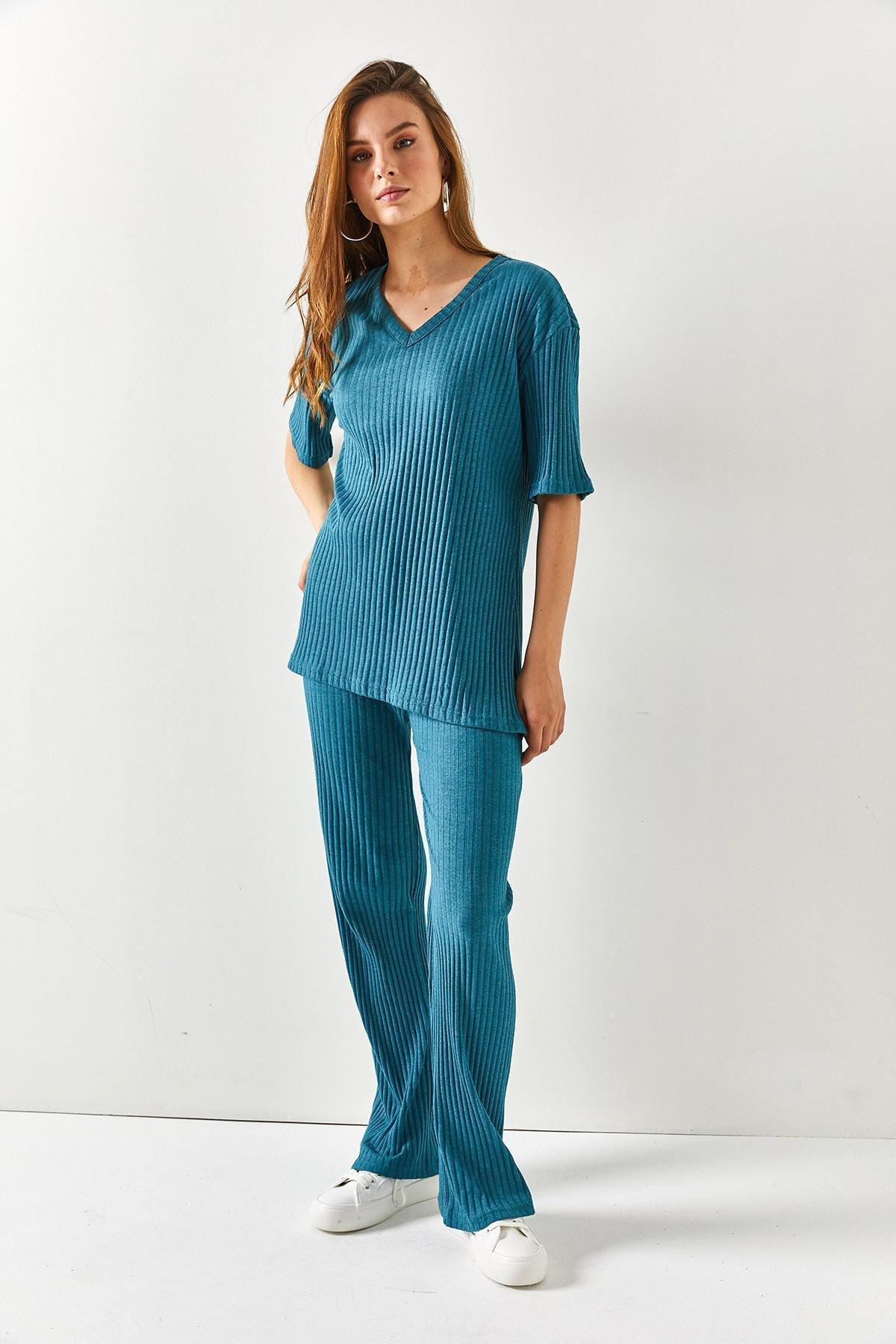 Womens Petrol Blue Top V-neck Bottom Palazzo Corduroy Suit TKM-19000212, single, , large image number 1