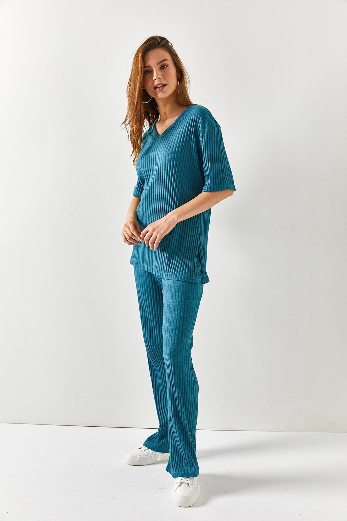 Womens Petrol Blue Top V-neck Bottom Palazzo Corduroy Suit TKM-19000212, single, , large image number 2