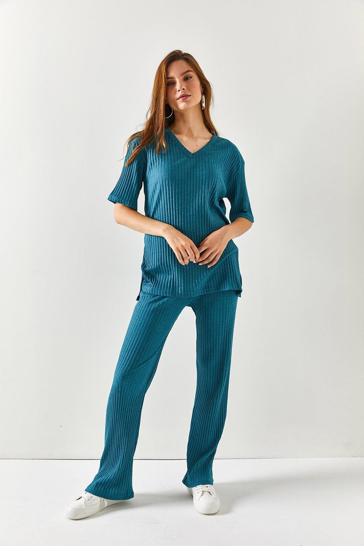 Womens Petrol Blue Top V-neck Bottom Palazzo Corduroy Suit TKM-19000212, single, , large image number 3