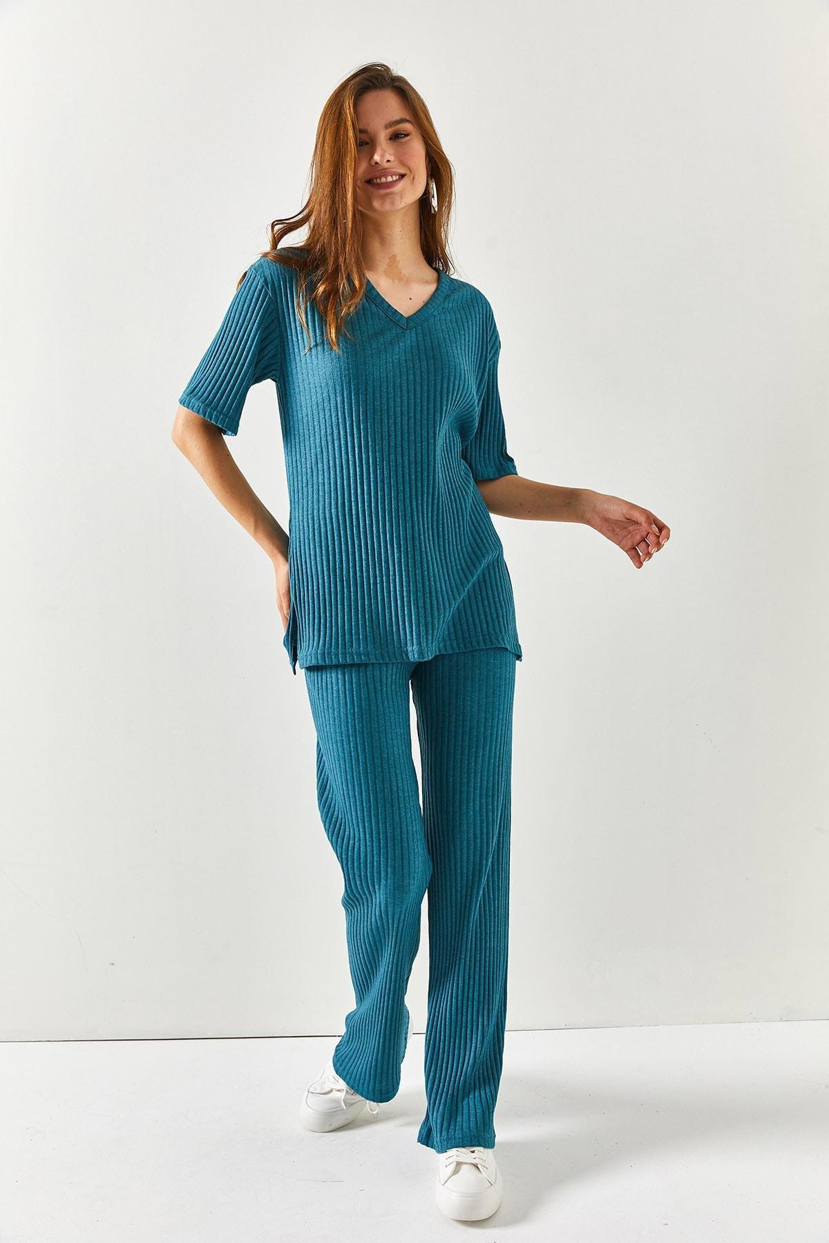 Womens Petrol Blue Top V-neck Bottom Palazzo Corduroy Suit TKM-19000212, single, , large image number 4