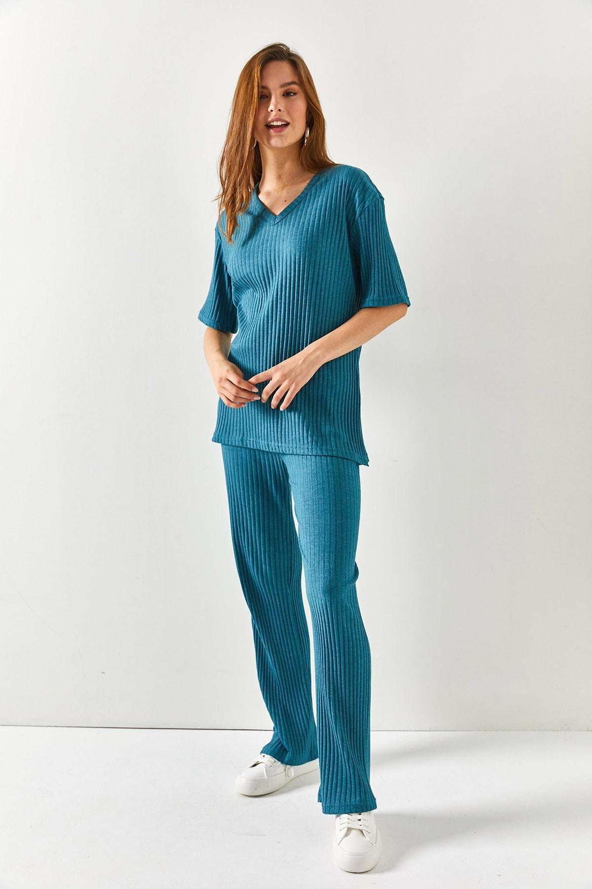 Womens Petrol Blue Top V-neck Bottom Palazzo Corduroy Suit TKM-19000212, single, , large image number 5