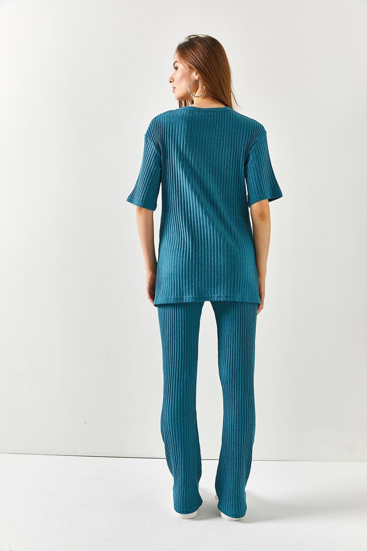 Womens Petrol Blue Top V-neck Bottom Palazzo Corduroy Suit TKM-19000212, single, , large image number 6