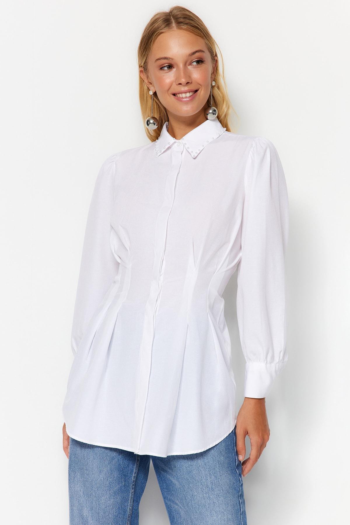 White Pearl Detail Fitted Knitted Shirt, , large image number 0