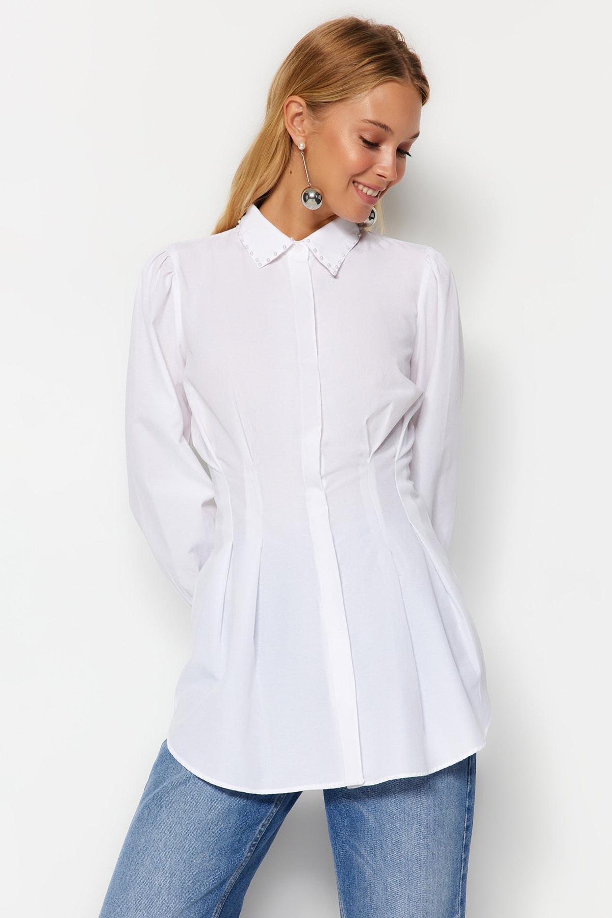 White Pearl Detail Fitted Knitted Shirt, , large image number 1