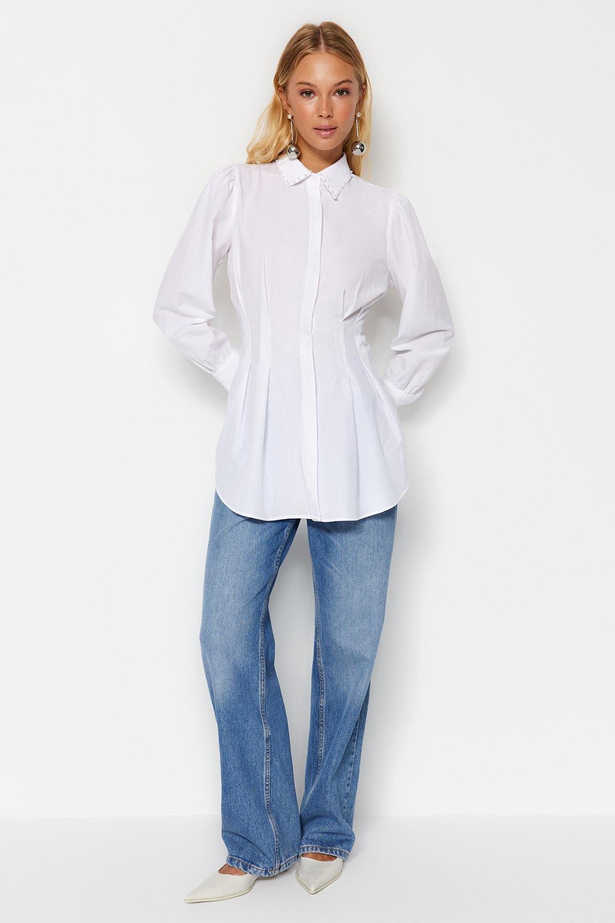 White Pearl Detail Fitted Knitted Shirt, , large image number 2