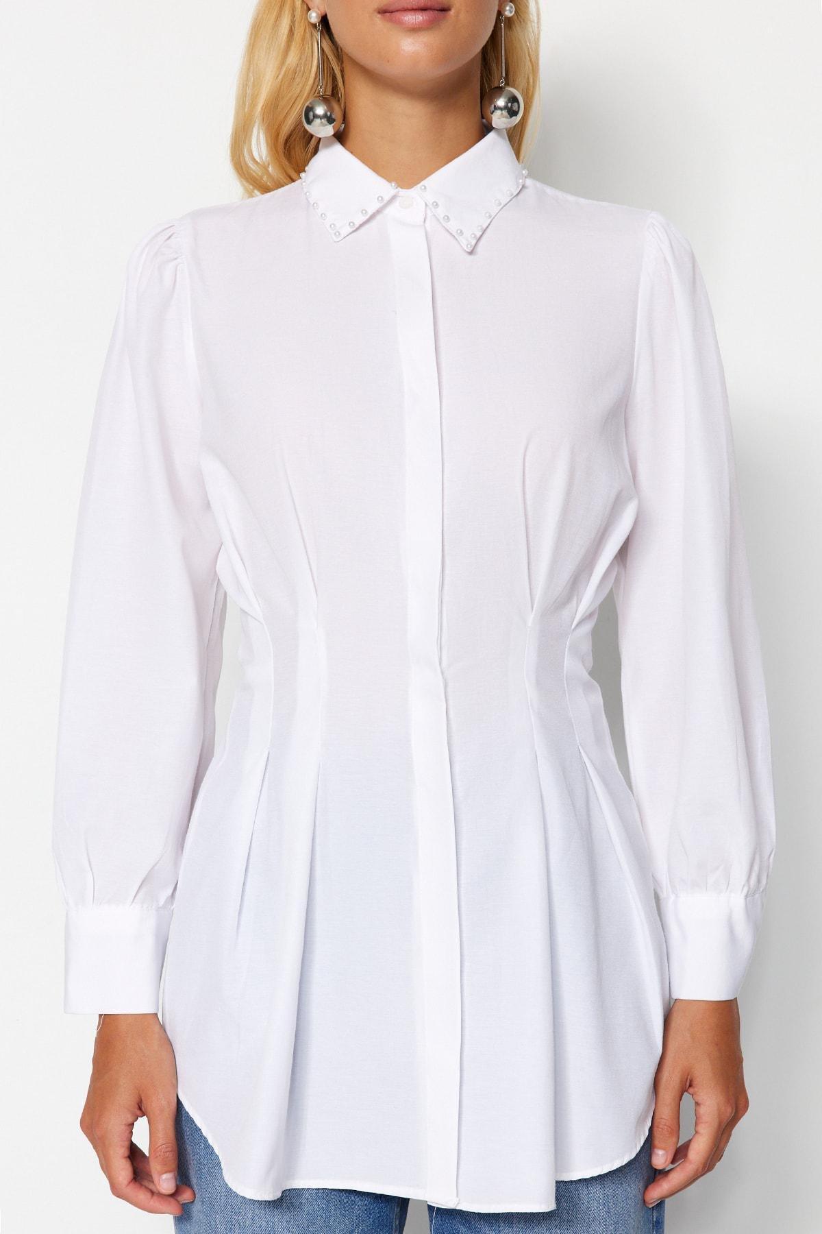 White Pearl Detail Fitted Knitted Shirt, , large image number 3