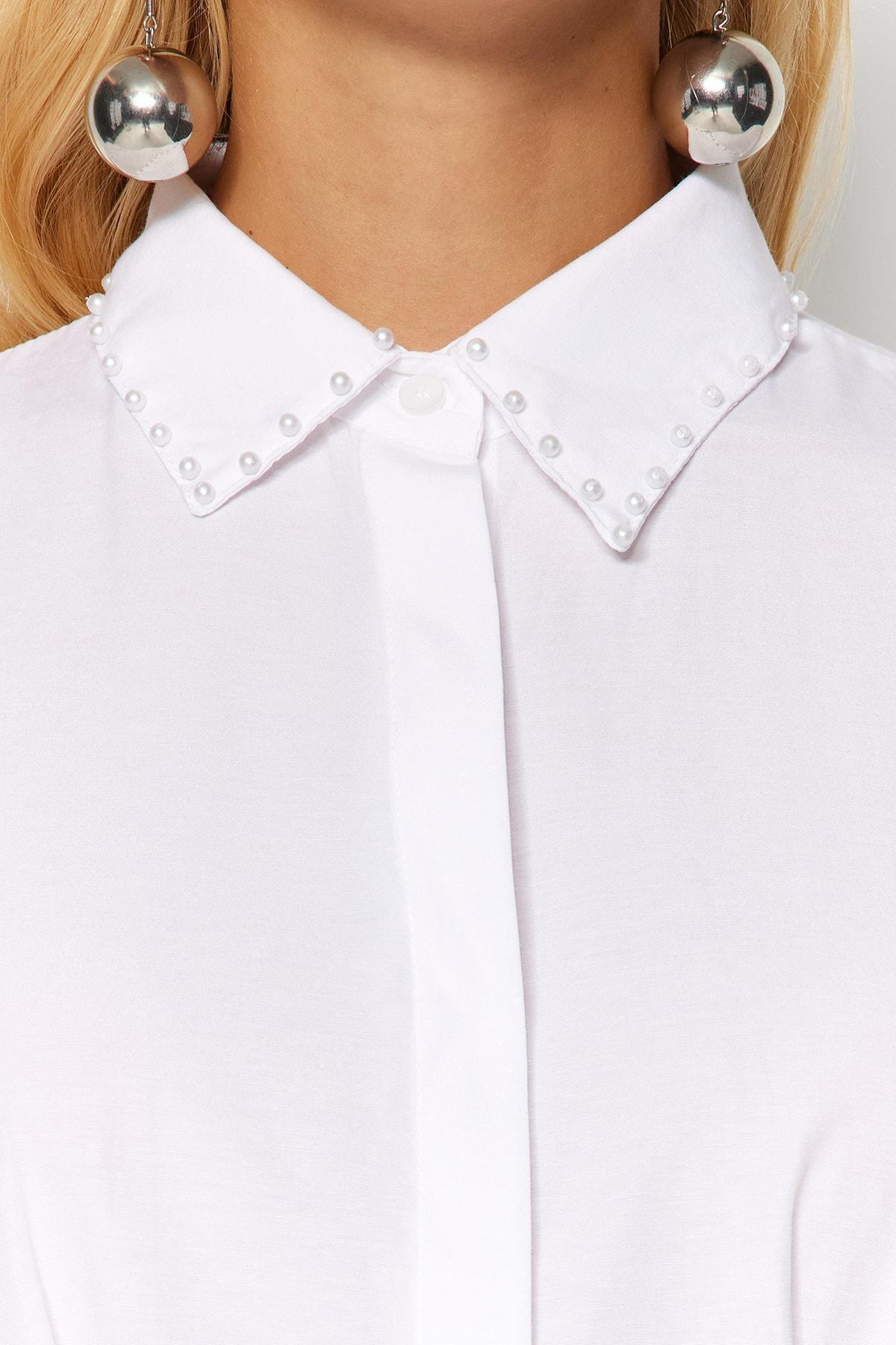 White Pearl Detail Fitted Knitted Shirt, , large image number 4