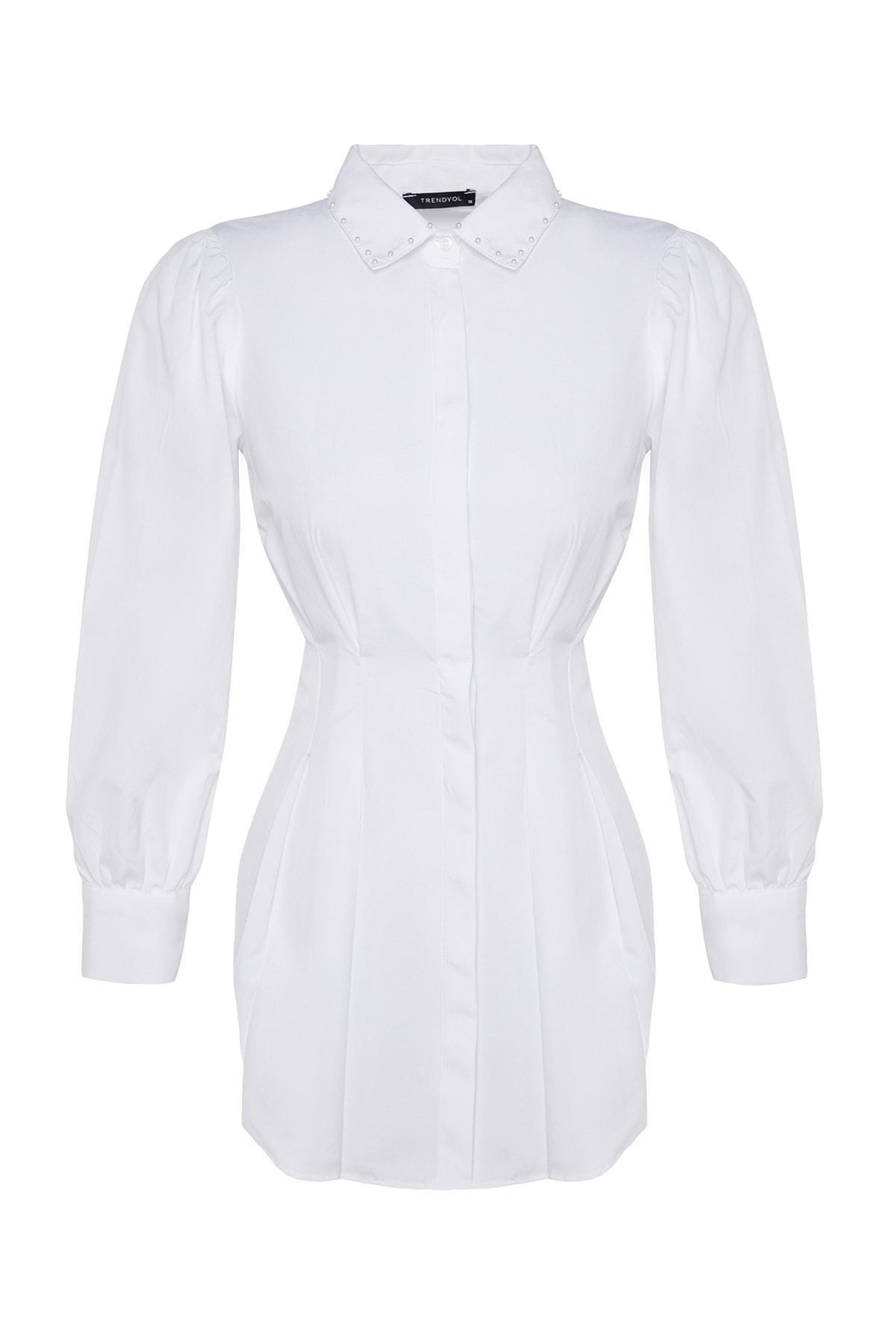 White Pearl Detail Fitted Knitted Shirt, , large image number 5